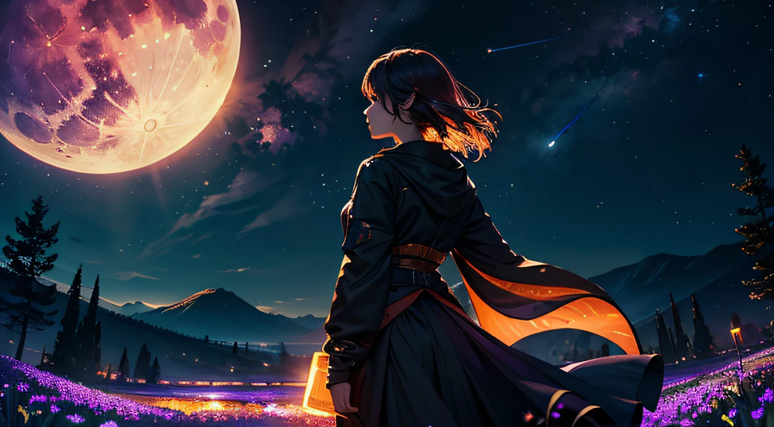 A woman standing in a field of flowers looking at the moon - SeaArt AI