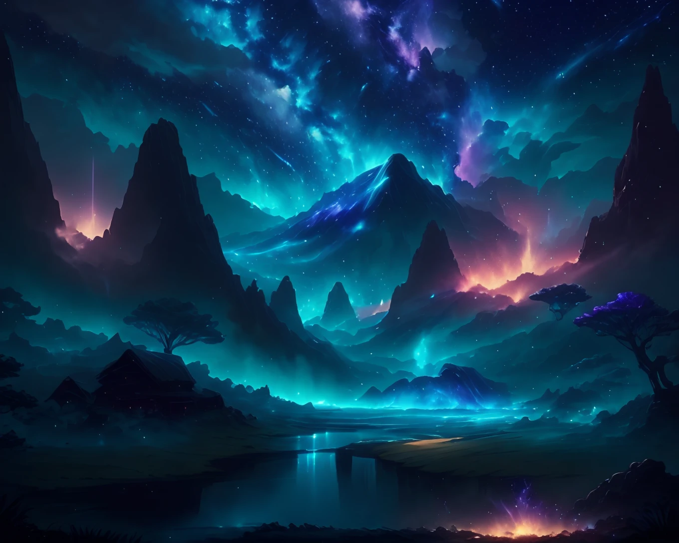 Vast landscape photos、（shooting stars：0.9）、nebulas、(Warm color light source:1.2)、(fireflys:1.2)、abajour、Purple and orange、intricate detailes、Volume Lighting、Realism Break (​masterpiece:1.2)、(top-quality)、4K、Ultra-Details、(The composition of the movement:1.4)、Very detailed and colorful details、(Iridescent colors:1.2)、(Glowing lighting、Atmospheric lighting)、dream-like、Magical、The glow of the night sky、nighttime scene、Starshine、Um ser celestial、Top image quality、Realistic、