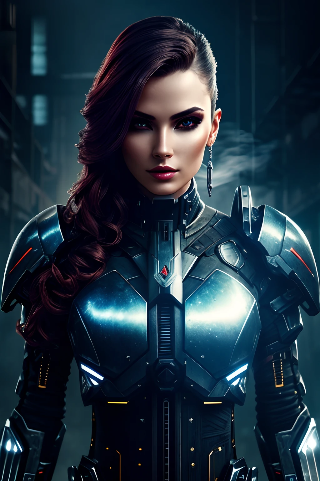 a beautiful woman cyborg warrior in the Style-RustMagic, cyberpunk augmentation, cyberware, cyborg, carbon fiber, chrome, implants, metal skull, cyber plate armor, (dark atmosphere:1.2), (fog & smoke), (dark night:1.3), scars, (dark medium length disheveled hair:1.1), (eyeshadow:1.1), (beautifully detailed glow:1.2), (Cinematic lighting), intricate detail, highres, rounded eyes, detailed facial features, sharp focus, smooth, aesthetic, detailed dark industrial factory background, stylish pose, dynamic pose, (dramapaint), (opt-6000:0.9)