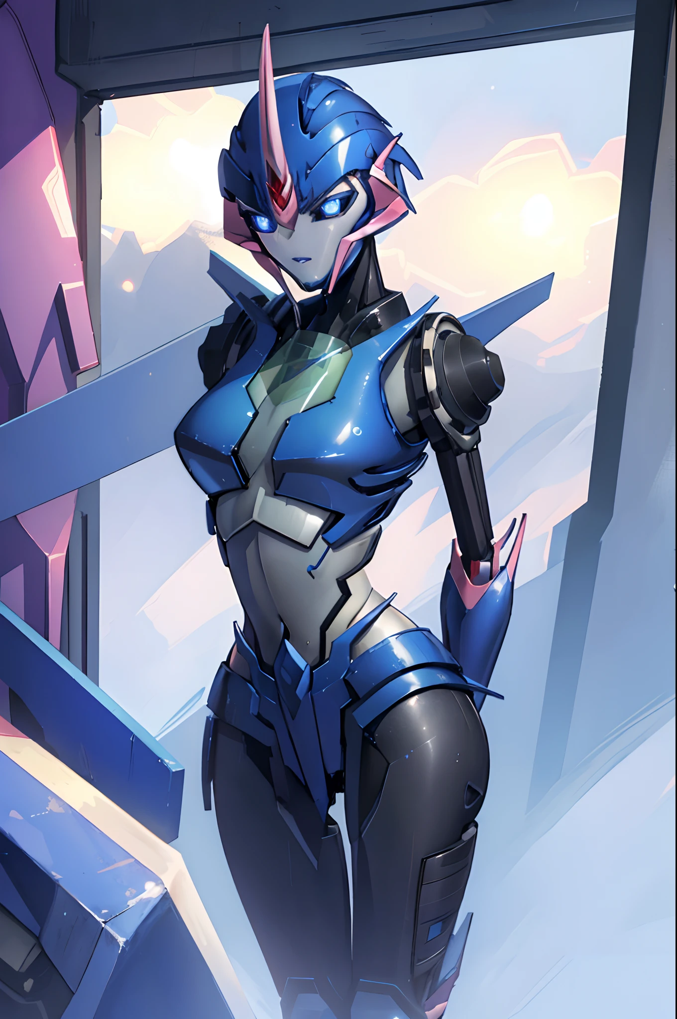 (masterpiece, best quality:1.2), arcee (transformers prime), 1girl, mecha, solo, robot, breasts, blue eyes, autobot, no humans, blue lips, science fiction, glowing, (futuristic prison), ((((arms behind back)))), (upper body), angry,