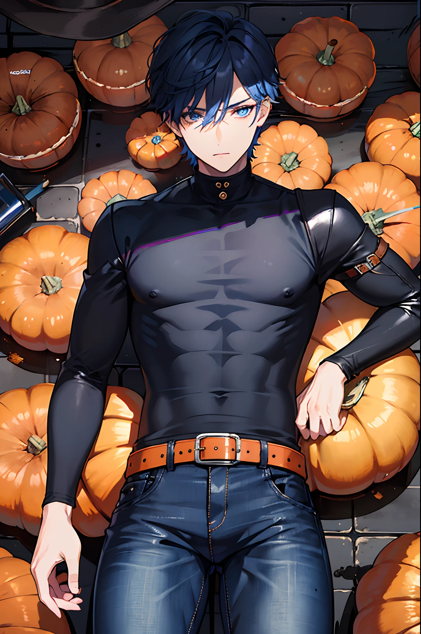 male people 1ember Dark blue short hair blue eyess Leather Jean Leather pants pumpkins Halloween Lunette de soleil smoking tobacco masterpiece Top image quality Clear Parts Cinematic Shadows Increased attractiveness of the eyes Clear the shine of the eyes Draw eyelashes neatly Perfect Eye A detailed eye Sharpen image quality Sharpen eye writing Clear eye shape