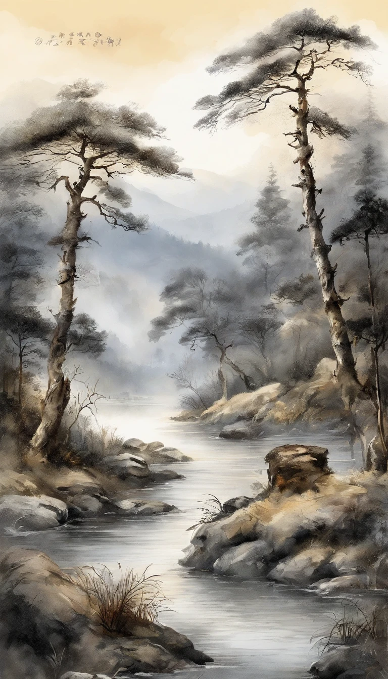 ink wash style,winter day、jungles、lakes、hole in the mountains、The tree、grassy fields、Rochas、hot onsen、hydrosphere、(illustratio:1.0)、Epic composition、Realistic lighting、high definition detail、tmasterpiece、Best quality,(非常详细的 CG 统一 8k 壁纸)