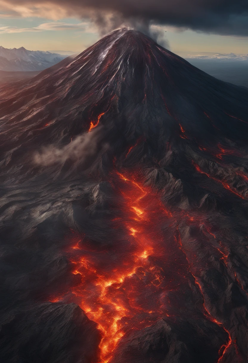 Close-up shot，Aerial view，Dramaticlight，Erupting lava，Dante Peak，volcanoes