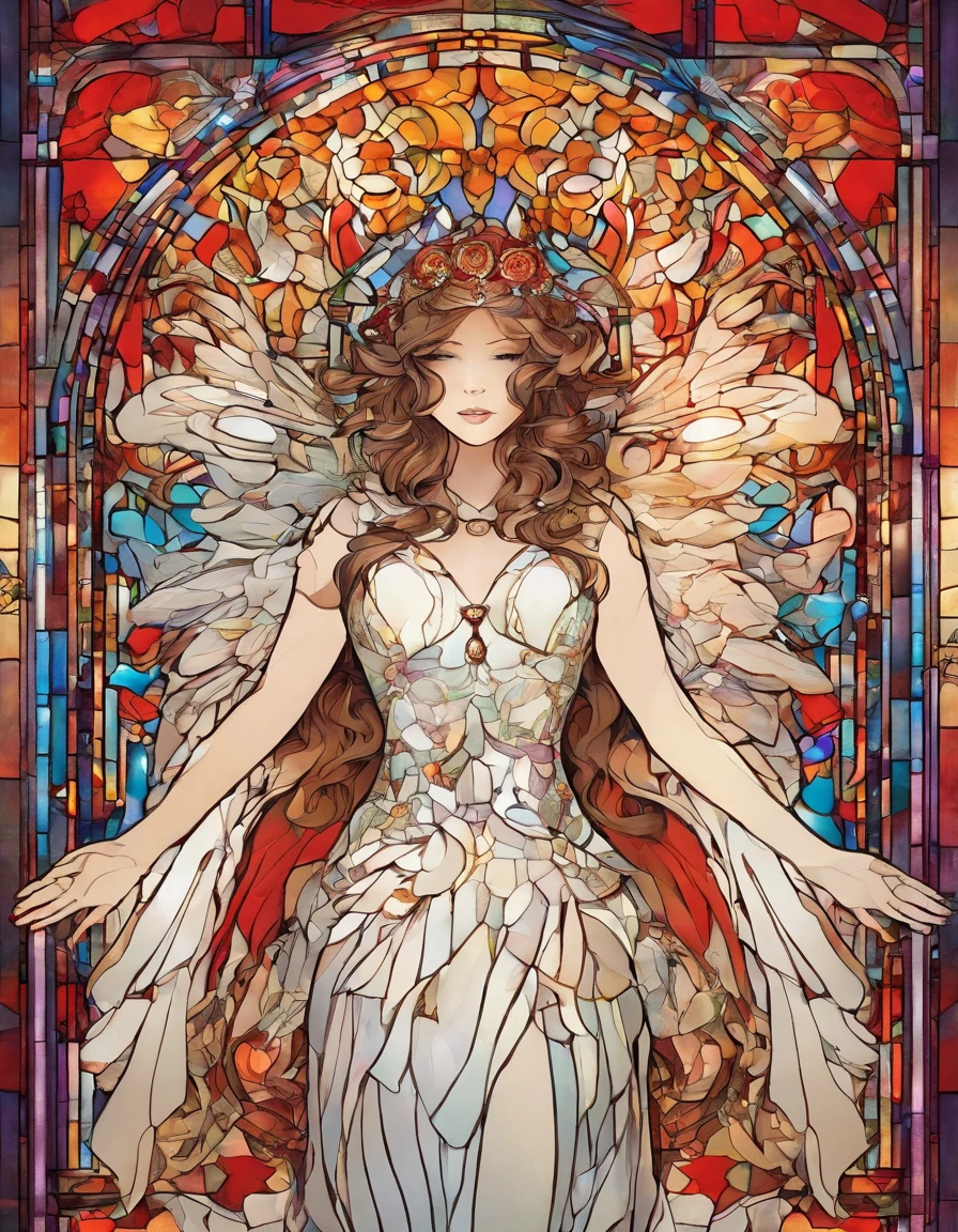 singer in a white half mask, grandes asas de anjo, vestido vermelho longo, innocence, midriff exposed