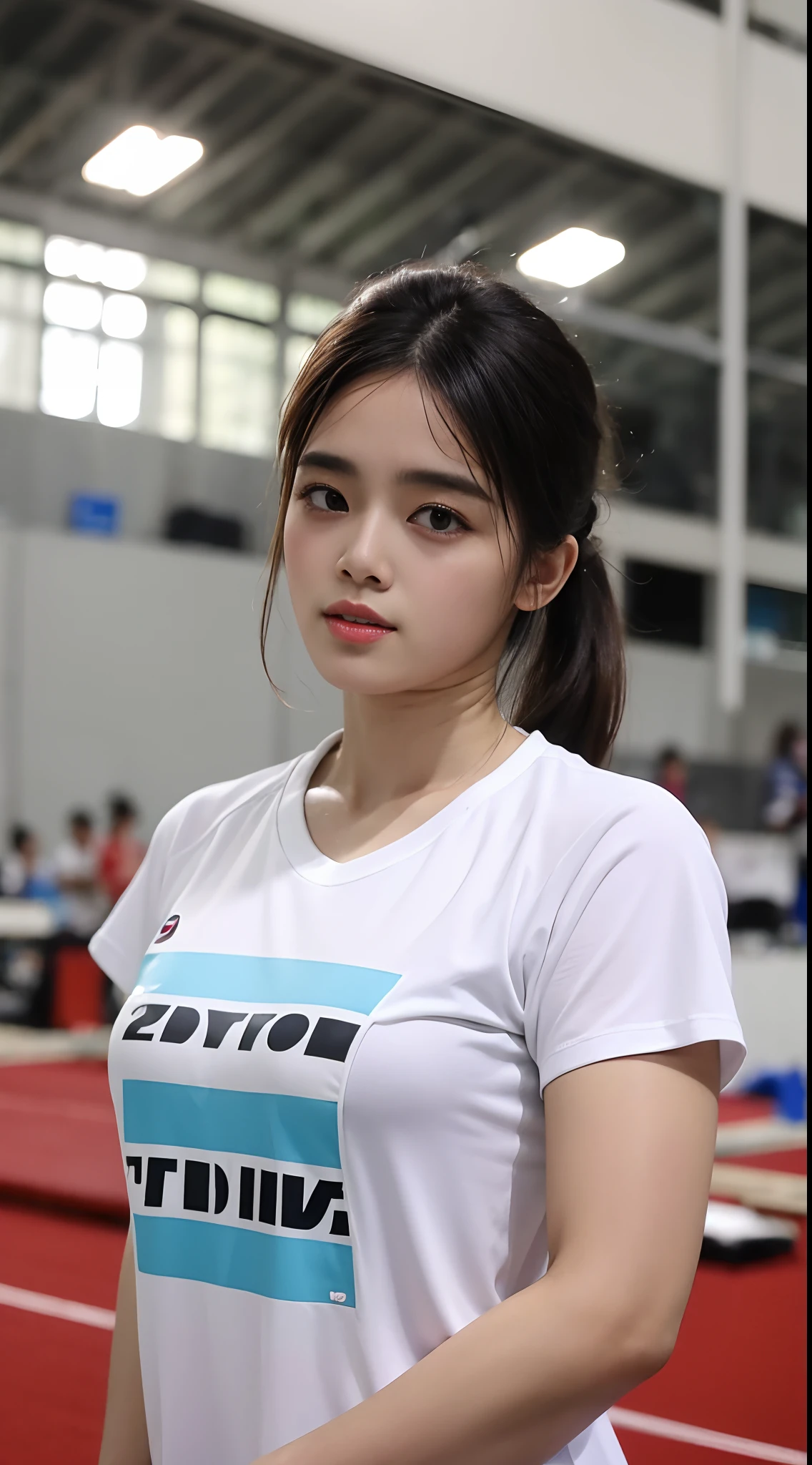 Masterpiece, best quality, high quality, 8k, UHD, Arafed a beautiful women, indoor stadium, solo, sport t-shirt, eyelid, white skin, black hair, open thgh, (fat:1.3), rawinda prajongjai