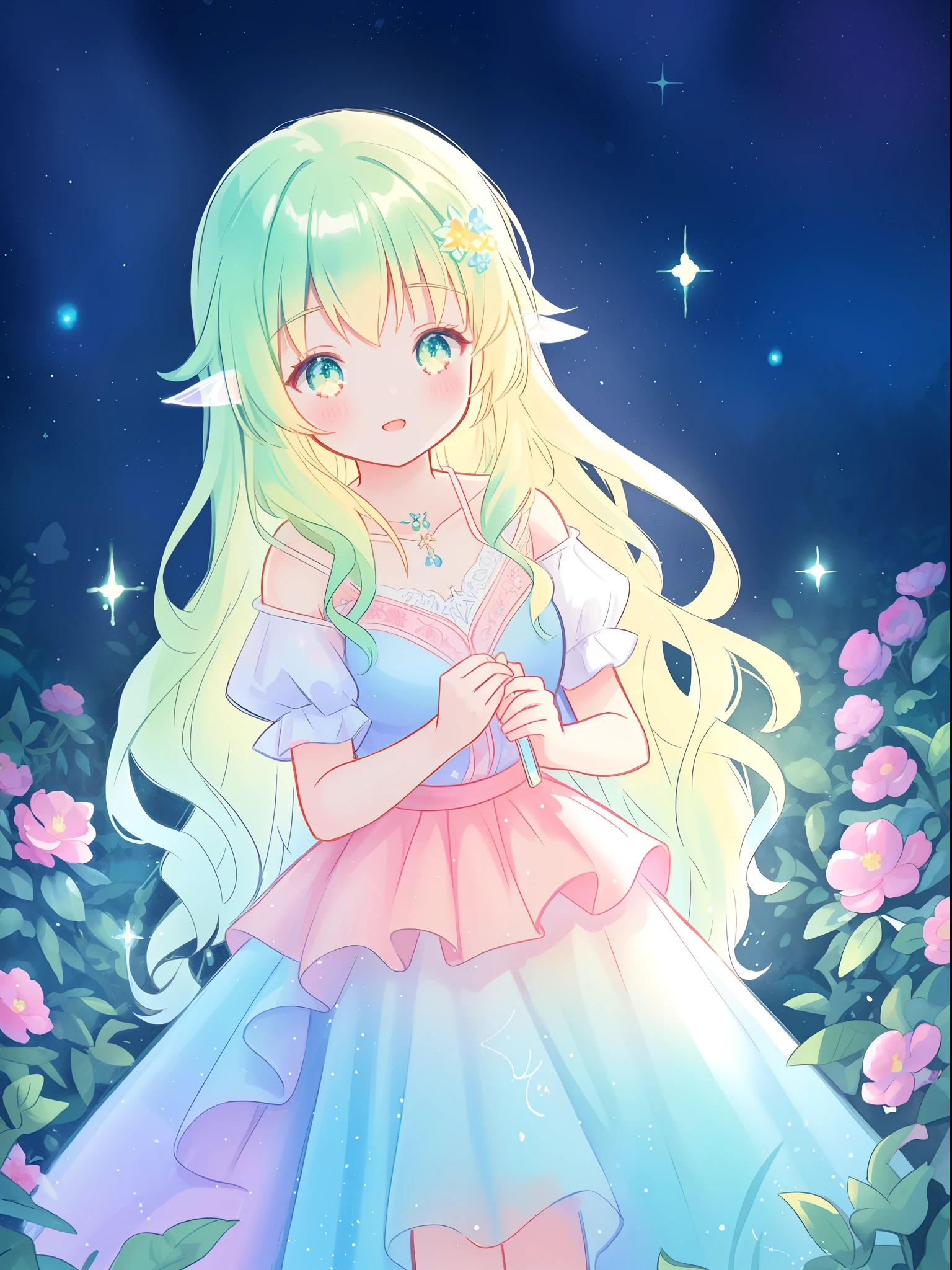 beautiful girl in flowing tiered layered ballgown dress, fairy dress, fairy queen, magical forest background, (glowing fairy wings), glowing flowing ballgown, long wavy hair, sparkling fairy wings, watercolor illustration, flowers and colorful plants, inspired by Glen Keane, inspired by Lois van Baarle, disney art style, by Lois van Baarle, glowing aura around her, by Glen Keane, jen bartel, glowing lights! digital painting, flowing glowing hair, glowing flowing hair, beautiful digital illustration, fantasia otherworldly landscape plants flowers, beautiful, masterpiece, best quality, anime disney style