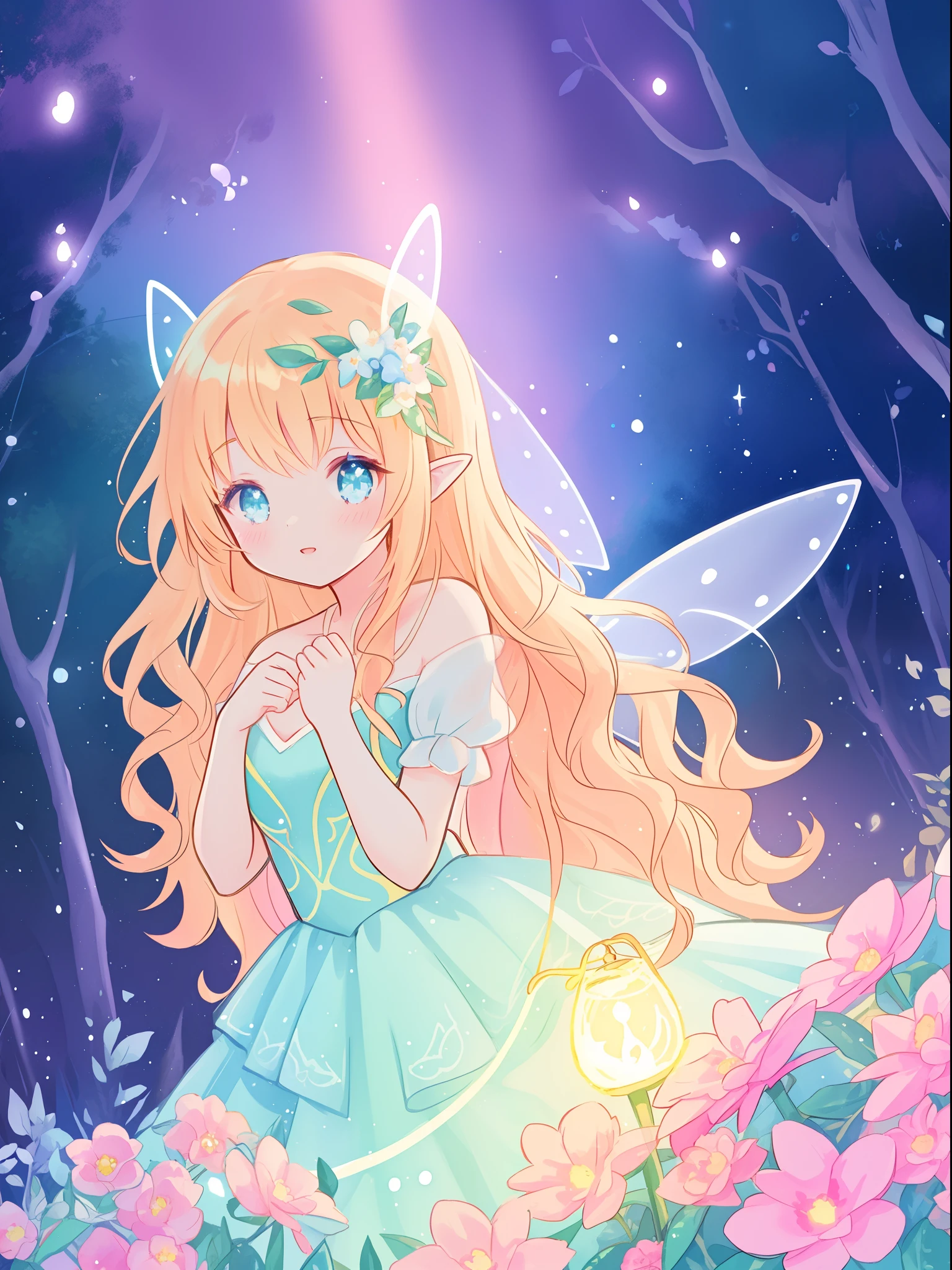 beautiful girl in flowing tiered layered ballgown dress, fairy dress, fairy queen, magical forest background, (glowing fairy wings), glowing flowing ballgown, long wavy hair, sparkling fairy wings, watercolor illustration, flowers and colorful plants, inspired by Glen Keane, inspired by Lois van Baarle, disney art style, by Lois van Baarle, glowing aura around her, by Glen Keane, jen bartel, glowing lights! digital painting, flowing glowing hair, glowing flowing hair, beautiful digital illustration, fantasia otherworldly landscape plants flowers, beautiful, masterpiece, best quality, anime disney style