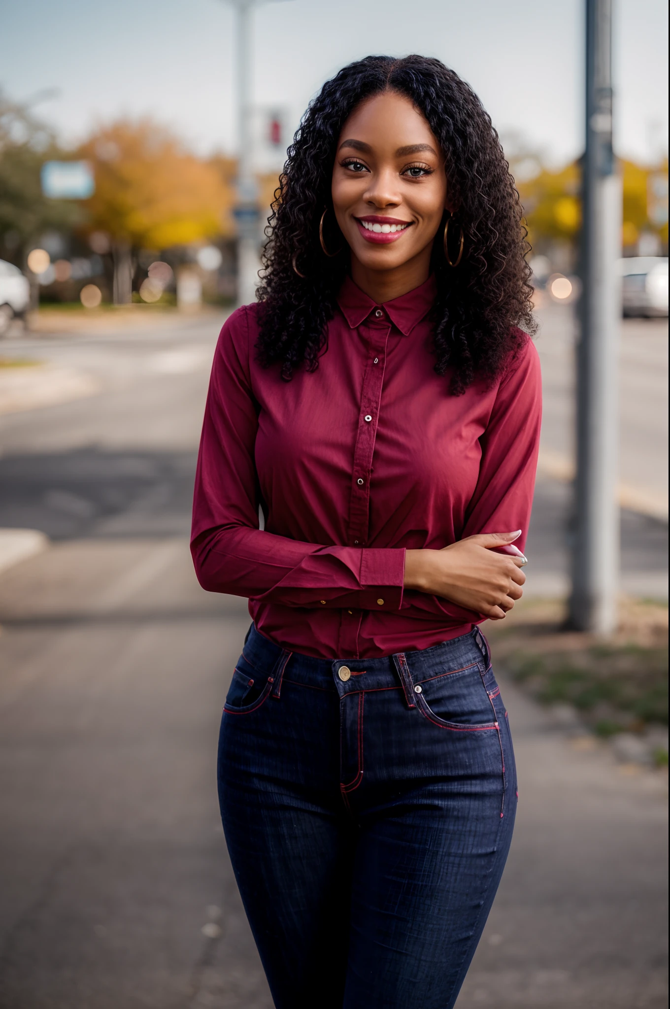 black woman, 1girl, selfie, looking at viewer, blue eyes,  smile, standing, depth of field,  red jeans, shirt tucked in,