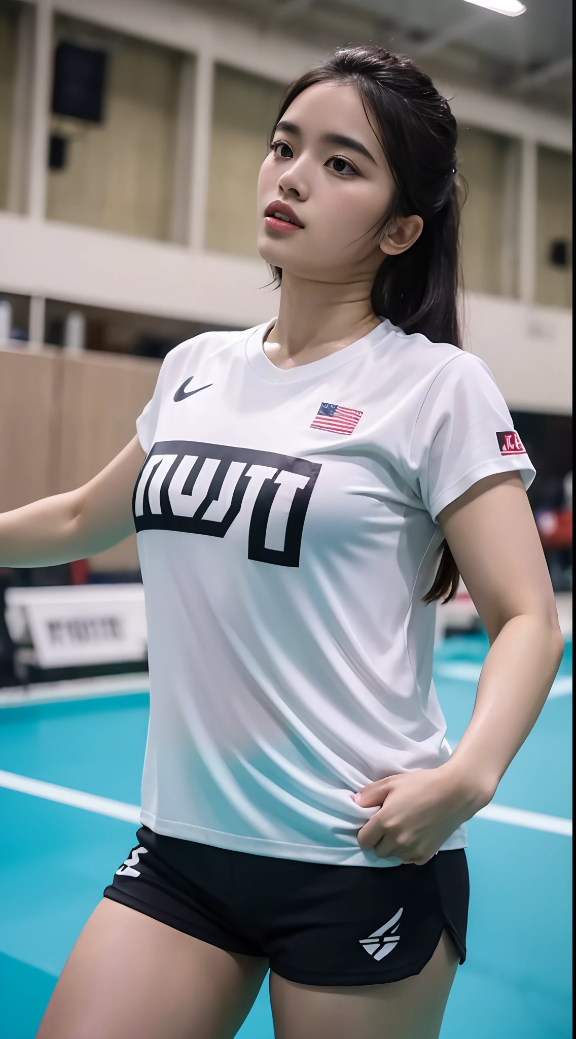 Masterpiece, best quality, high quality, 8k, UHD, Arafed a beautiful women, indoor stadium, solo, sport t-shirt, eyelid, white skin, black hair, open thgh, (fat:1.3), rawinda prajongjai