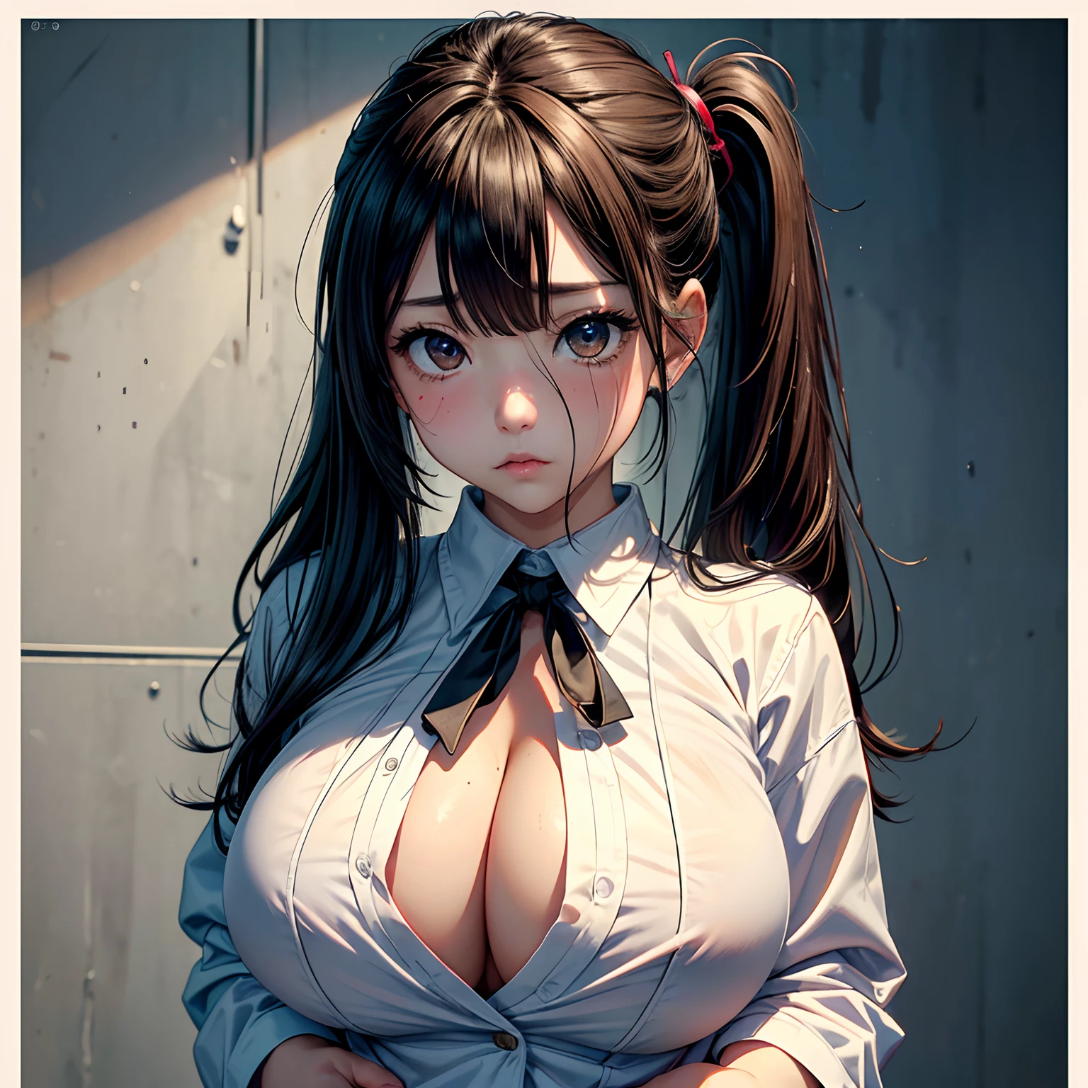 s girl(masterpiece:1.4)、(in 8K、realisitic、Raw photo、top-quality:1.4)、japanes、(Real Face:1.4)、(real looking skin:1.3)、超A high resolution、A hyper-realistic、beautiful finely detailed eyes、Brown eyes、high detailing、Black Low Ponytail、a secretary、jaket、white shirt、no-bra、(huge-breasted:1.5)、gargantilha、troubled look、Blushing、to stand、ty