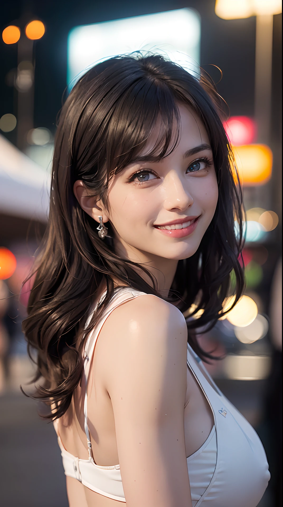 (best quality,4k,8k,highres,masterpiece:1.2), ultra-detailed, (realistic,photorealistic,photo-realistic:1.37),(beautiful detailed eyes, beautiful detailed lips, extremely detailed eyes and face, long eyelashes),studio lighting,physically-based rendering,vivid colors,(big tits, super big tits, super extra big tits), ass, high heels, (confident smile, eyes narrowed with a smile:1.5), (policewoman), (urban background at night, festival atmosphere),