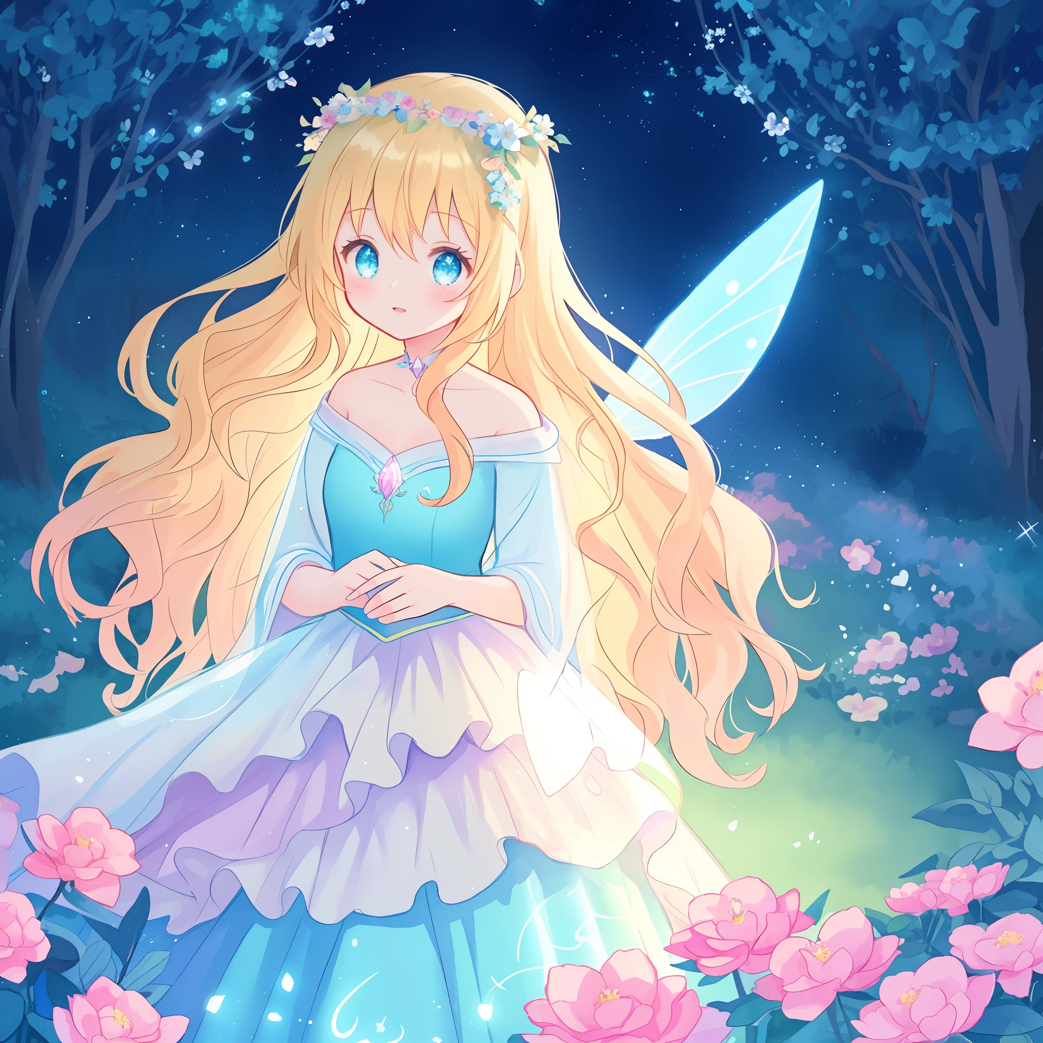 beautiful girl in flowing tiered layered ballgown dress, fairy dress, fairy queen, magical forest background, (glowing fairy wings), glowing flowing ballgown, long wavy hair, sparkling fairy wings, watercolor illustration, flowers and colorful plants, inspired by Glen Keane, inspired by Lois van Baarle, disney art style, by Lois van Baarle, glowing aura around her, by Glen Keane, jen bartel, glowing lights! digital painting, flowing glowing hair, glowing flowing hair, beautiful digital illustration, fantasia otherworldly landscape plants flowers, beautiful, masterpiece, best quality, anime disney style