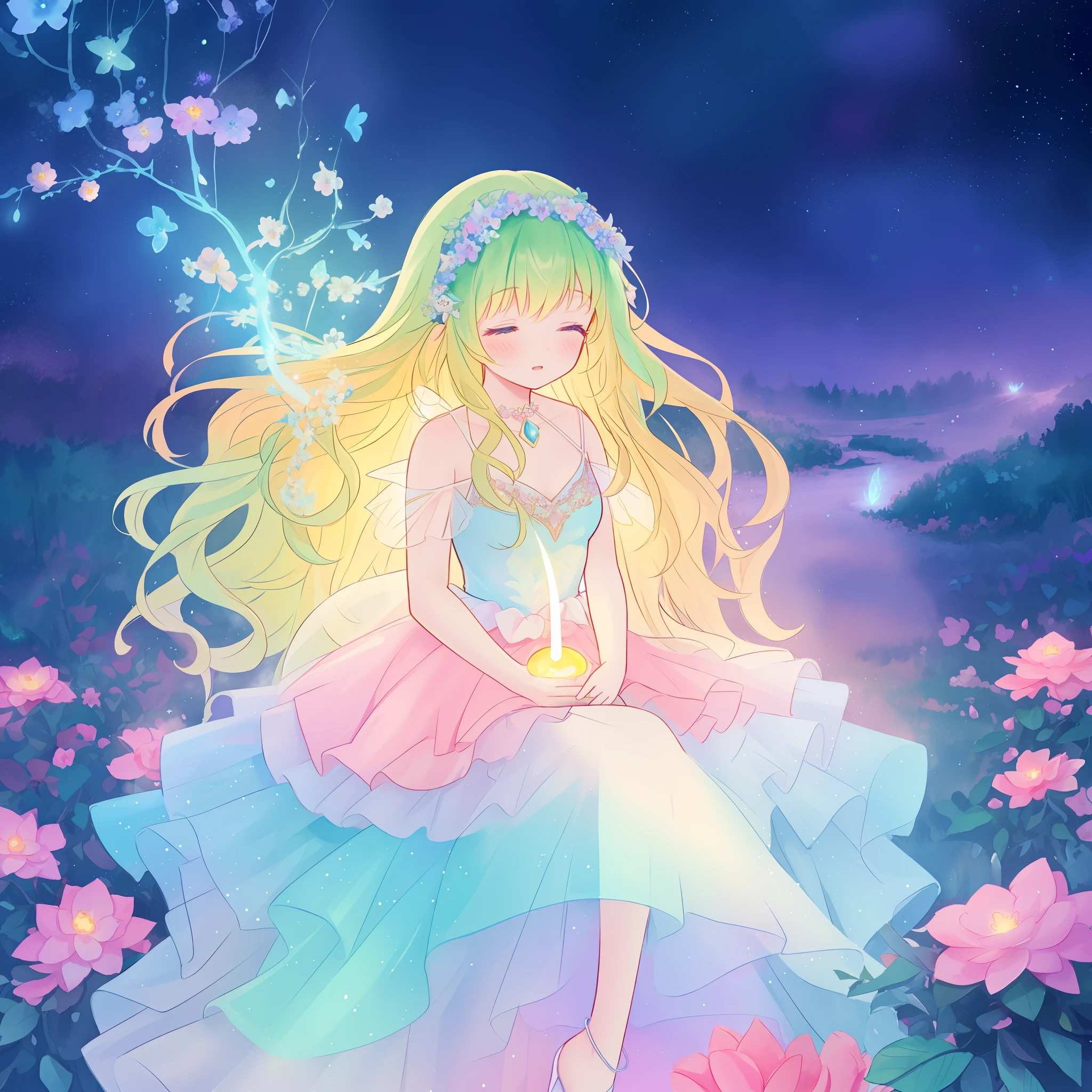 beautiful girl in flowing tiered layered ballgown dress, fairy dress, fairy queen, magical forest background, (glowing fairy wings), glowing flowing ballgown, long wavy hair, sparkling fairy wings, watercolor illustration, flowers and colorful plants, inspired by Glen Keane, inspired by Lois van Baarle, disney art style, by Lois van Baarle, glowing aura around her, by Glen Keane, jen bartel, glowing lights! digital painting, flowing glowing hair, glowing flowing hair, beautiful digital illustration, fantasia otherworldly landscape plants flowers, beautiful, masterpiece, best quality, anime disney style