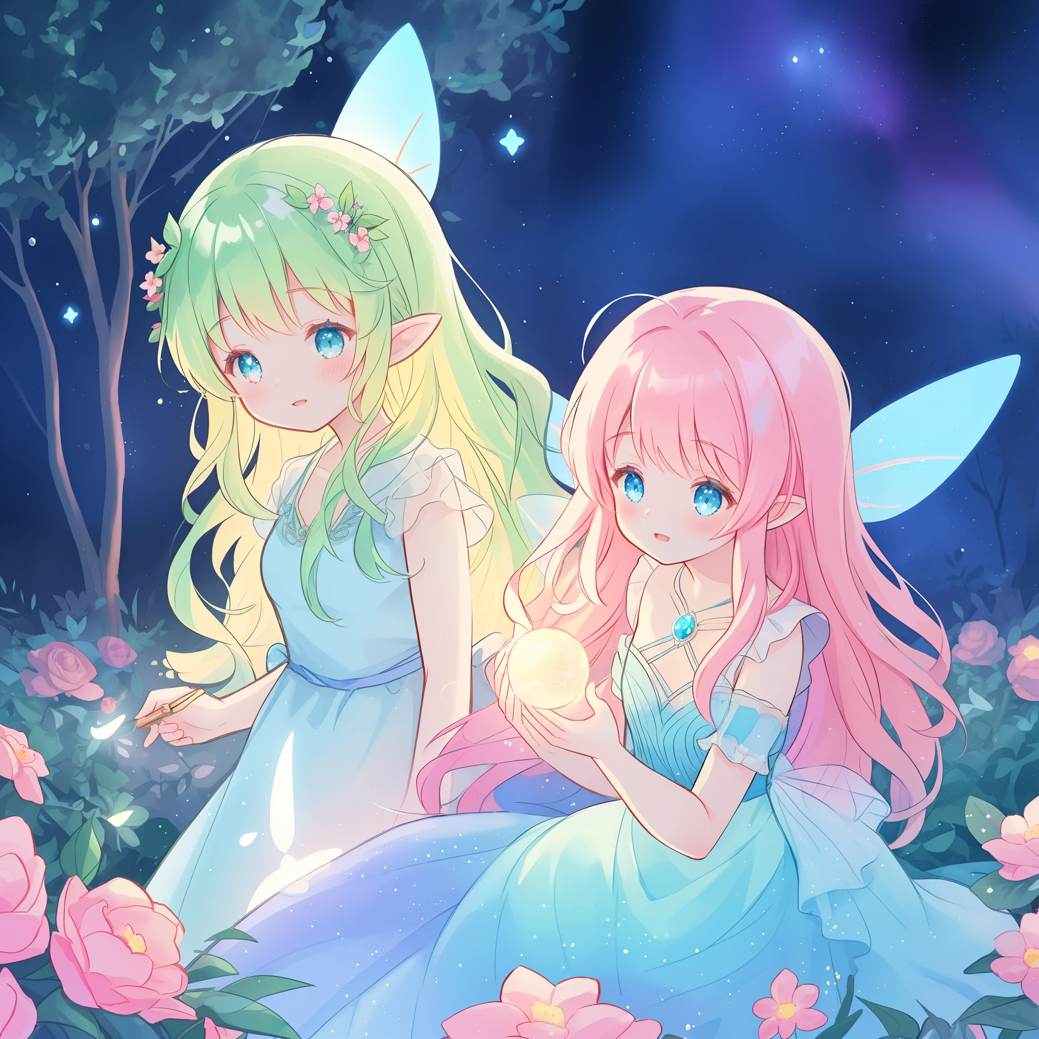 beautiful girl in flowing tiered layered ballgown dress, fairy dress, fairy queen, magical forest background, (glowing fairy wings), glowing flowing ballgown, long wavy hair, sparkling fairy wings, watercolor illustration, flowers and colorful plants, inspired by Glen Keane, inspired by Lois van Baarle, disney art style, by Lois van Baarle, glowing aura around her, by Glen Keane, jen bartel, glowing lights! digital painting, flowing glowing hair, glowing flowing hair, beautiful digital illustration, fantasia otherworldly landscape plants flowers, beautiful, masterpiece, best quality, anime disney style