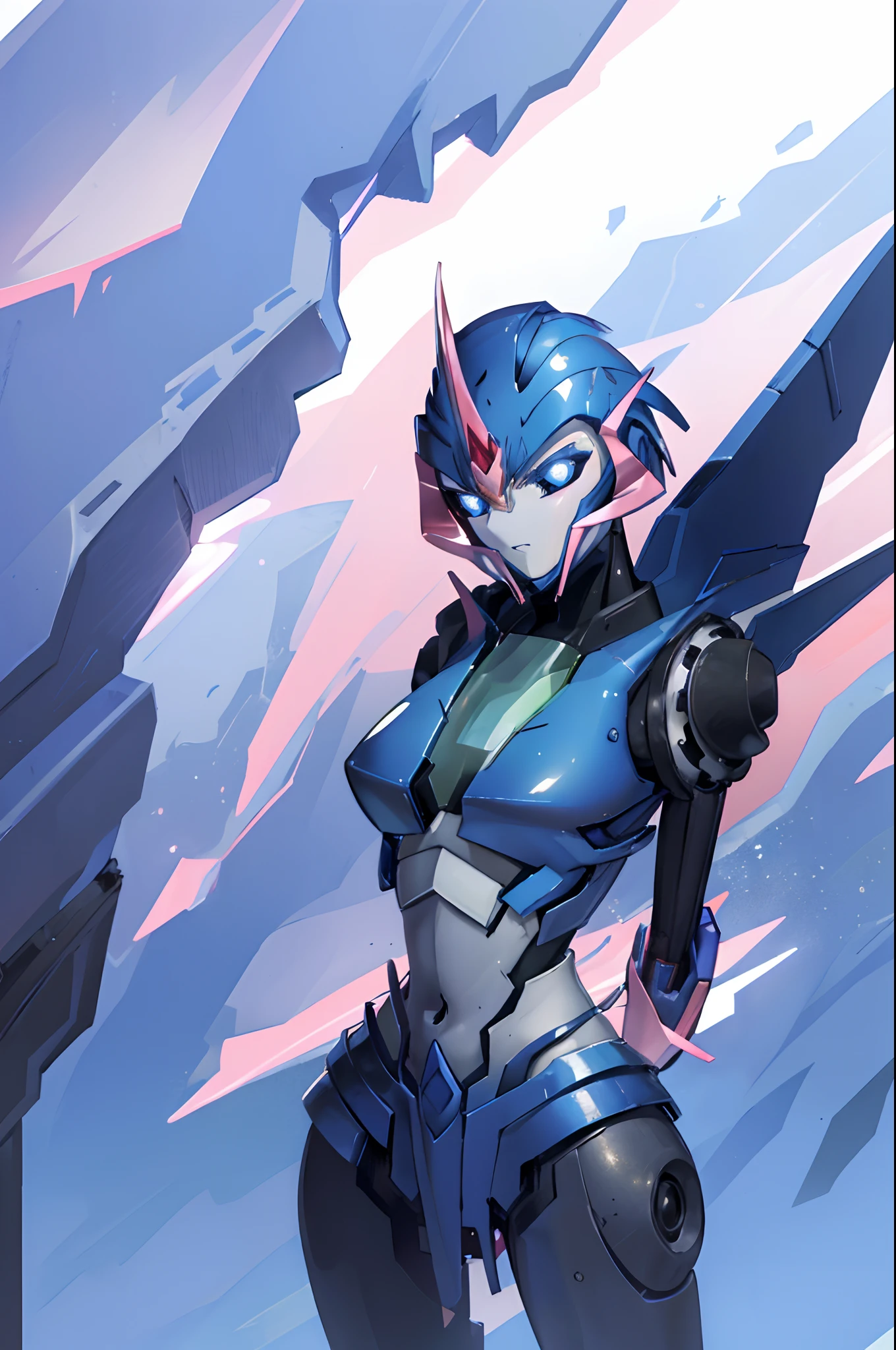 (masterpiece, best quality:1.2), arcee (transformers prime), 1girl, mecha, solo, robot, breasts, blue eyes, autobot, no humans, blue lips, science fiction, glowing, (futuristic prison), ((((arms behind back)))), (upper body), angry,