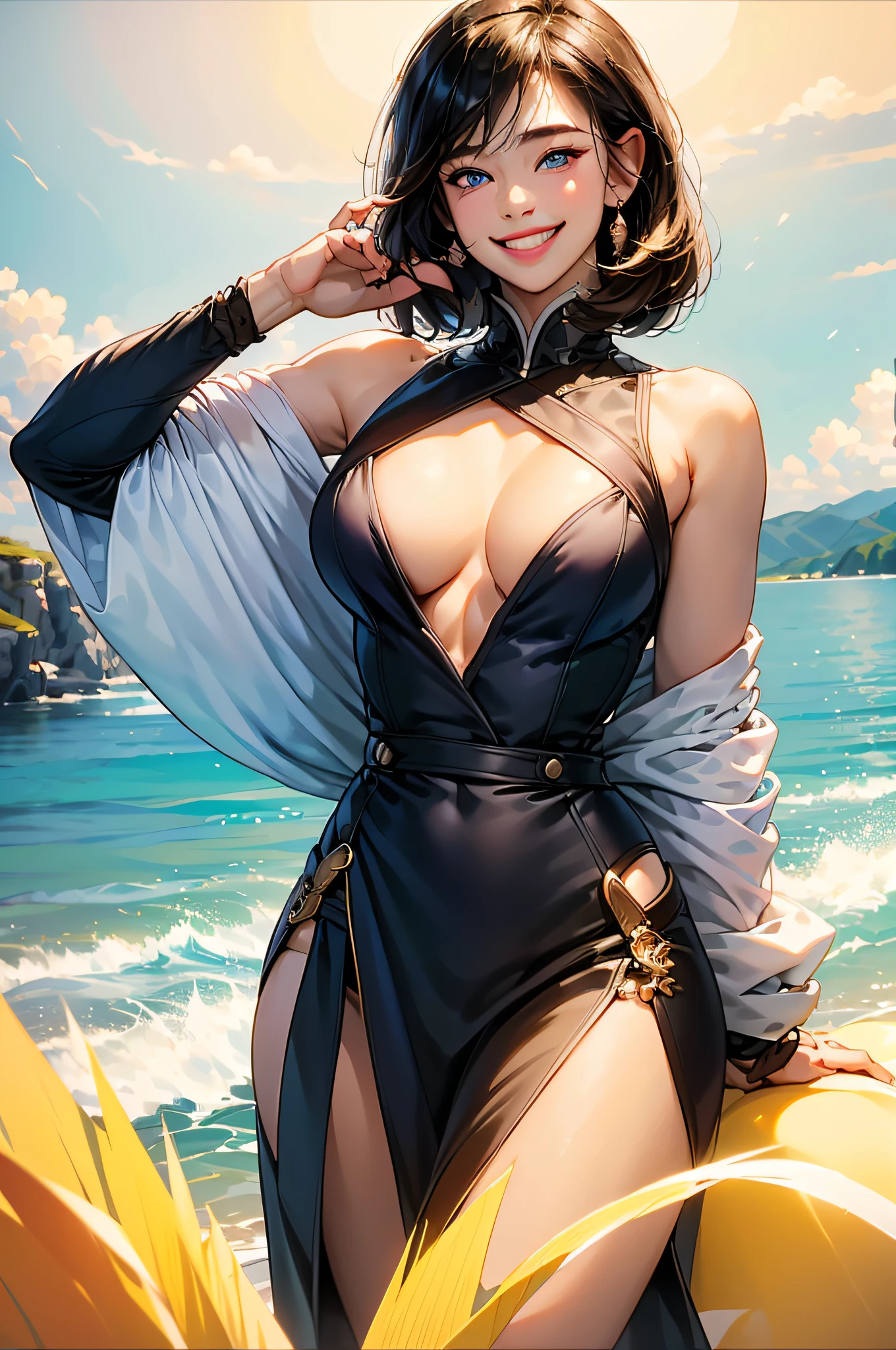 (in 8K、top-quality、masterpiece:1.2)、1人の女性、(Smiling smile:1.1)、beautidful eyes、Valley、The upper part of the body、shorth hair、Like a boy、Colossal tits、Purple View、