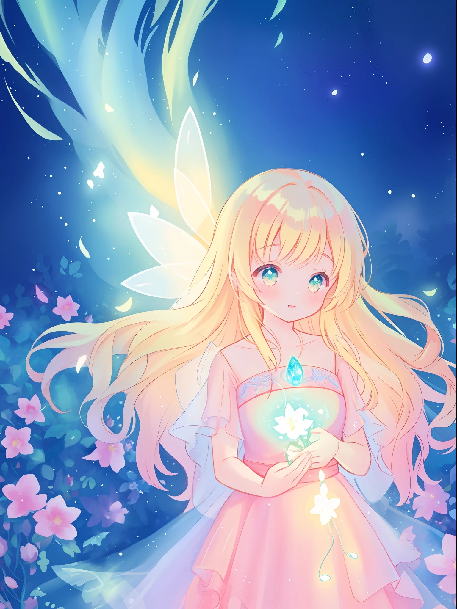 beautiful girl in flowing layered dress, 3girls, group of fairies, fairy queen, beautiful fairies, multiple fairies, (glowing fairy wings), glowing flowing ballgown, long wavy hair, sparkling fairy wings, watercolor illustration, flowers and colorful plants, inspired by Glen Keane, inspired by Lois van Baarle, disney art style, by Lois van Baarle, glowing aura around her, by Glen Keane, jen bartel, glowing lights! digital painting, flowing glowing hair, glowing flowing hair, beautiful digital illustration, fantasia otherworldly landscape plants flowers, beautiful, masterpiece, best quality, anime disney style