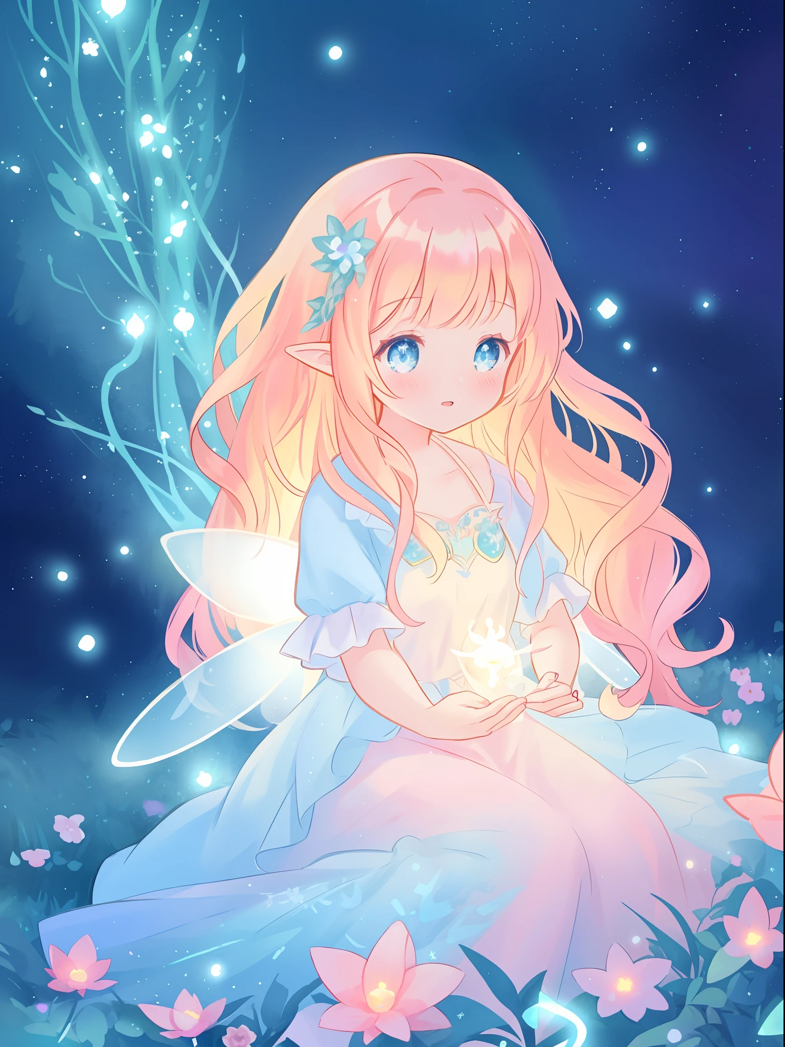 beautiful girl in flowing layered dress, 3girls, group of fairies, fairy queen, beautiful fairies, multiple fairies, (glowing fairy wings), glowing flowing ballgown, long wavy hair, sparkling fairy wings, watercolor illustration, flowers and colorful plants, inspired by Glen Keane, inspired by Lois van Baarle, disney art style, by Lois van Baarle, glowing aura around her, by Glen Keane, jen bartel, glowing lights! digital painting, flowing glowing hair, glowing flowing hair, beautiful digital illustration, fantasia otherworldly landscape plants flowers, beautiful, masterpiece, best quality, anime disney style