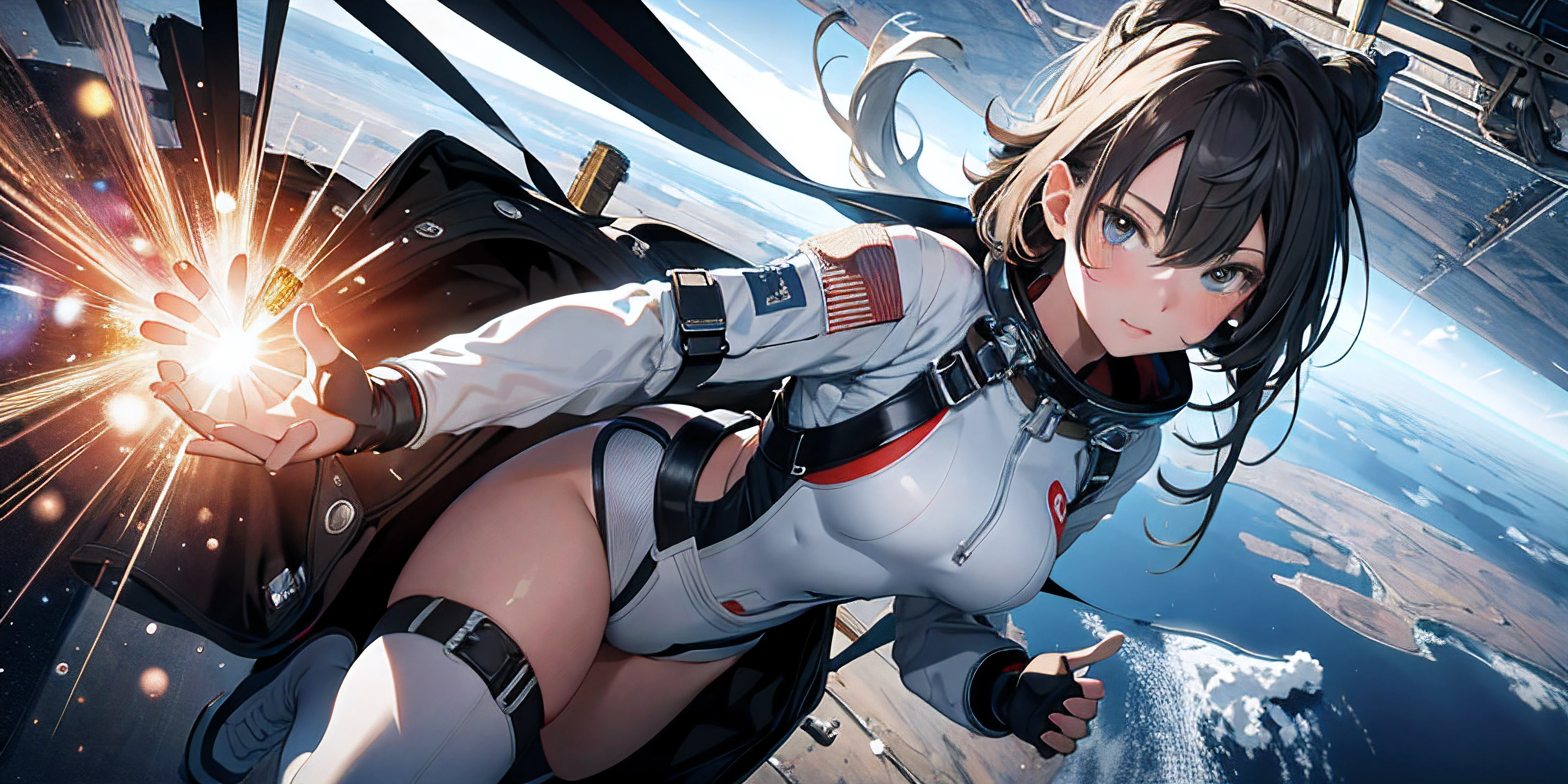 Absurd resolution, high resolution, (masterpiece:1.4), ultra-detailed, 1girl, in spacesuit, seen from above, space, floating, satellite, running pose, wide-angle lens distortion