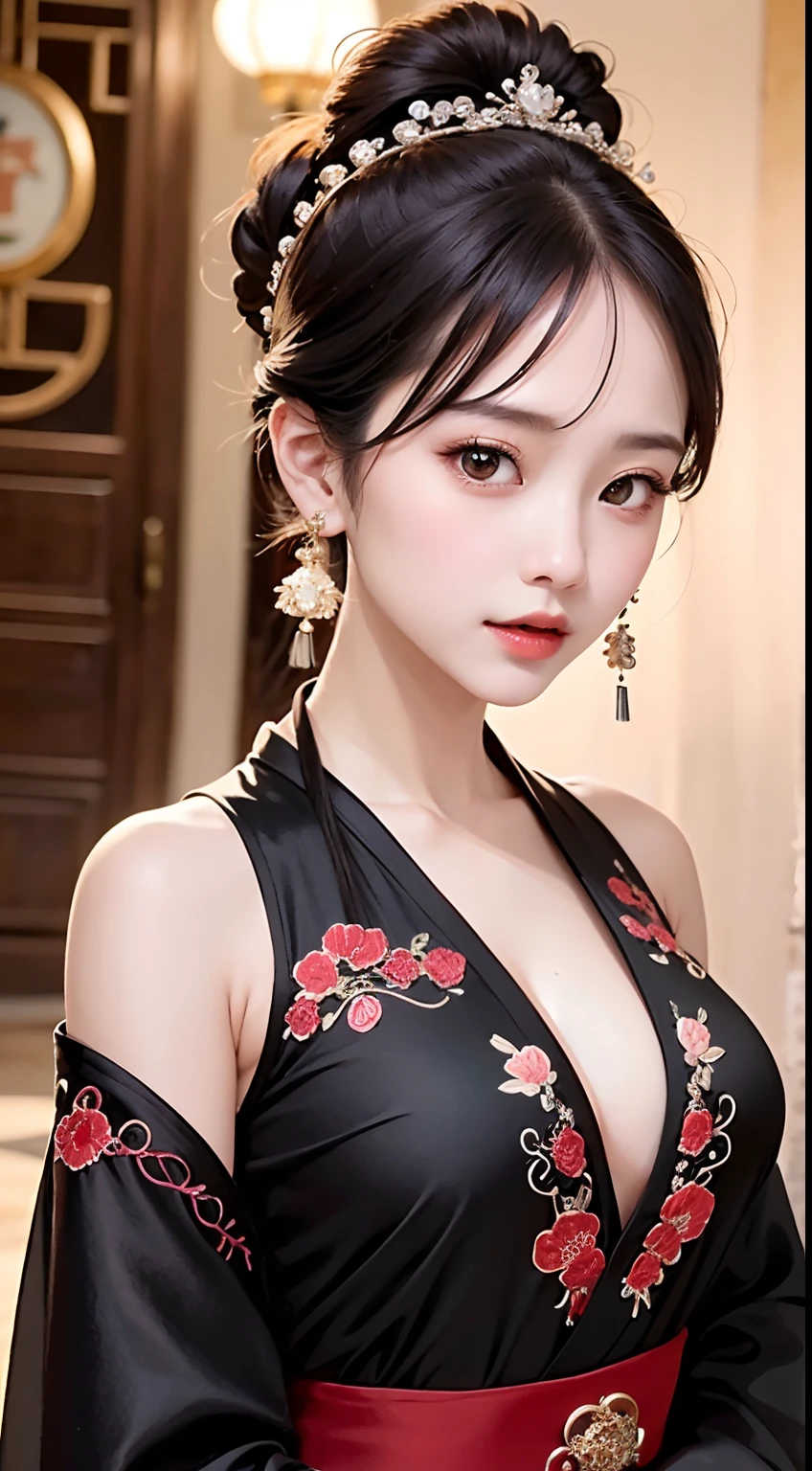 high detal,8K分辨率,超高分辨率,A young girl, a cute girl,short detailed hair,hair-bun,lipsticks,Tassel earrings,Black clear eyes,Smooth hair,鎖骨,Delicate and perfect facial features, the most beautiful big eyes,Long eyelashes,The eyes are sweet and there are lying silkworms,dynamic angle,extreme picture quality,Highest precision,Precise and perfect human anatomy,(((Antique black Hanfu,Red embroidery))),((sitted)),Warm scene,超高分辨率,Ultra-clear Chinese antique style black flowing hair with a delicate bun)By bangs,(Long flowing hair,With a bun:1.3)),Delicate collarbones,beautiful make up,Exquisite and perfect facial features,,Big watery eyes,Lying silkworm,Long eyelashes,The eyes are sweet and have eye shadow,Slim waist,Do not show your hands,,lipsticks,Blushlush,Delicate earring earrings,pearls necklace