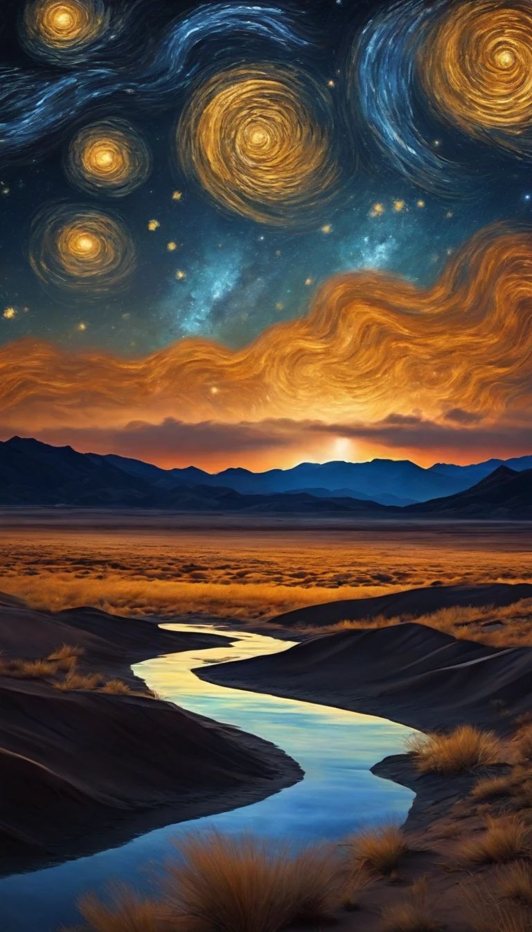 breath-taking,Van Gogh style starry sky in quaint night sky,Rolling desert,the expanse,