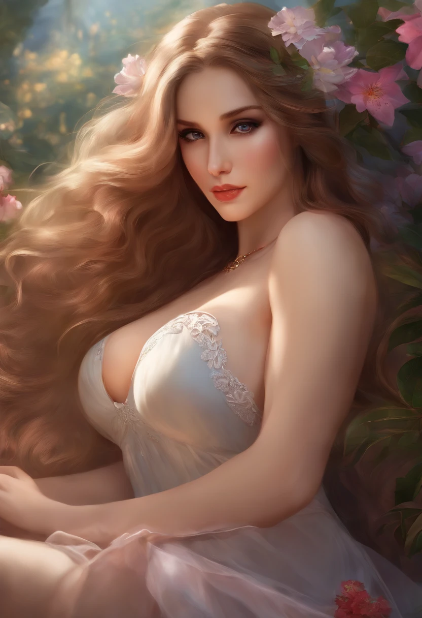 best quality,ultra-detailed,realistic,artistic,hentai,busty woman,breasts,curvy body,sensual,provocative,delicate skin,long flowing hair,erotic pose,soft lighting,colorful,painting style,stylish clothing,floral background,sexy gaze,lush environment,seductive atmosphere