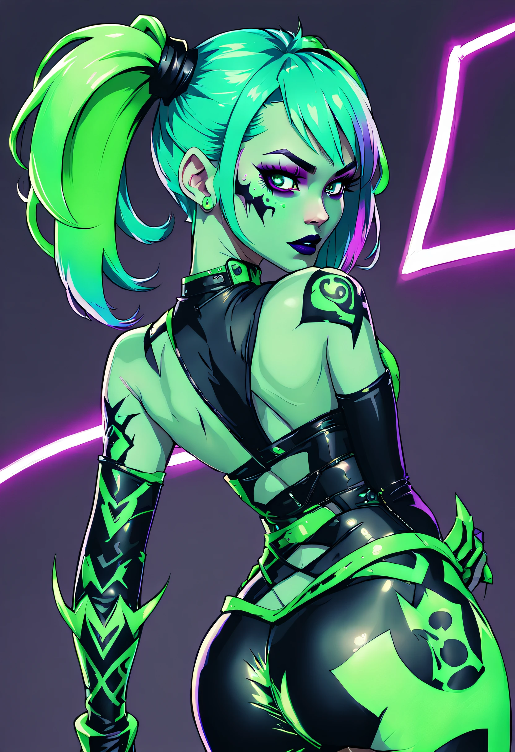 anime style, western comix style, radioactive, neon greenand neon aqua color scheme, violet neon lights,  glowing, punk bad girl, multicolored hair, bombshell hair, wide hips, slim hourglass figure, narrow waist, (demonic, infernal, evil:1.25), (full body:1), Loose Curls, horns, from behind, thighhigh boots, demonic tattoos creepy lighting, hellspawn,  muscular, caucasian, (in the sulfer flats:1.2), contrappasto, in a pleasant, Korean hallway, bombshell hair, platinum hair, Viking Braids,low-braided long hair, letter pose