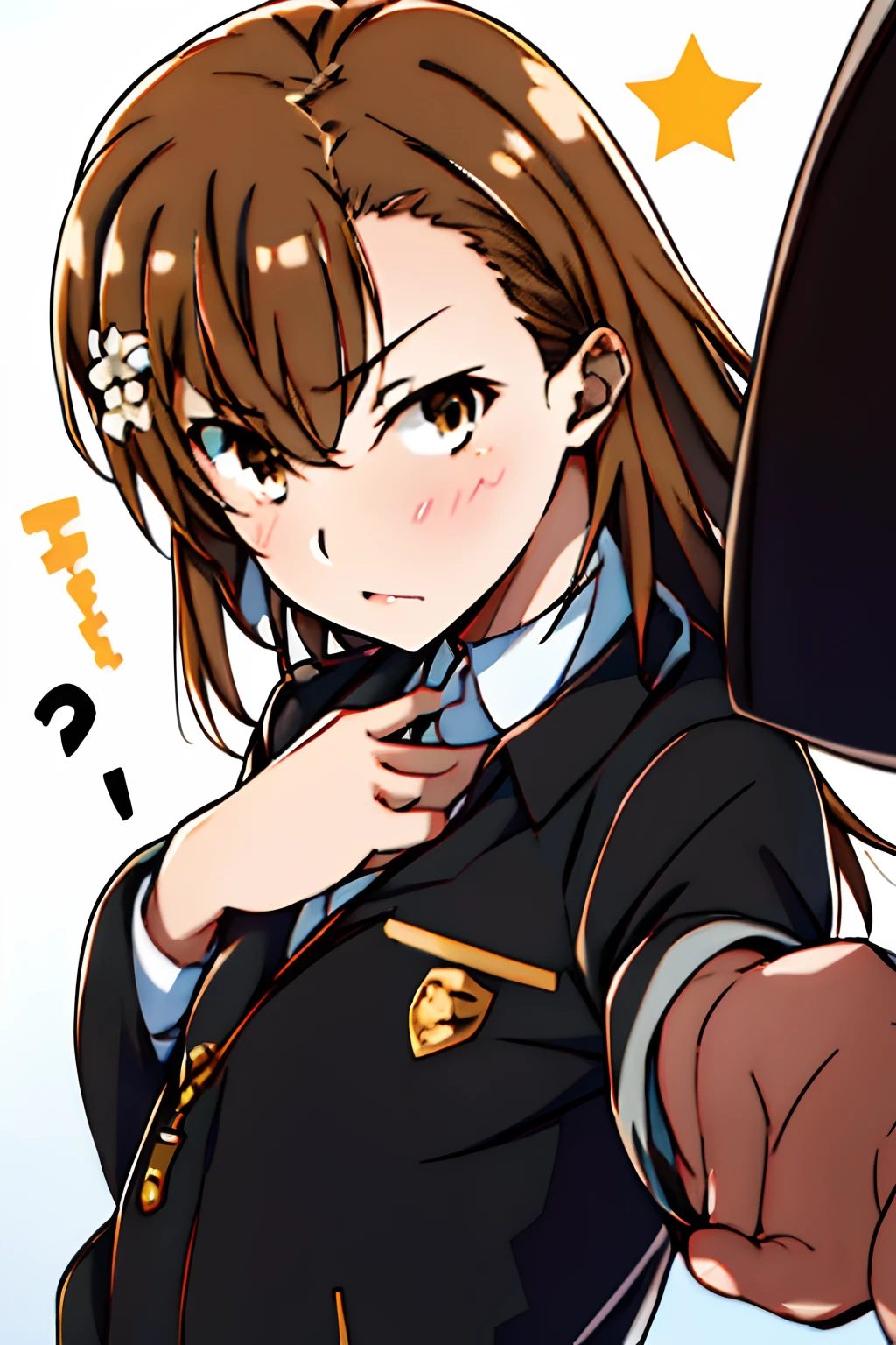 1girl, solo, masterpiece, best quality, MSKMKT, brown eyes, black jacket,
