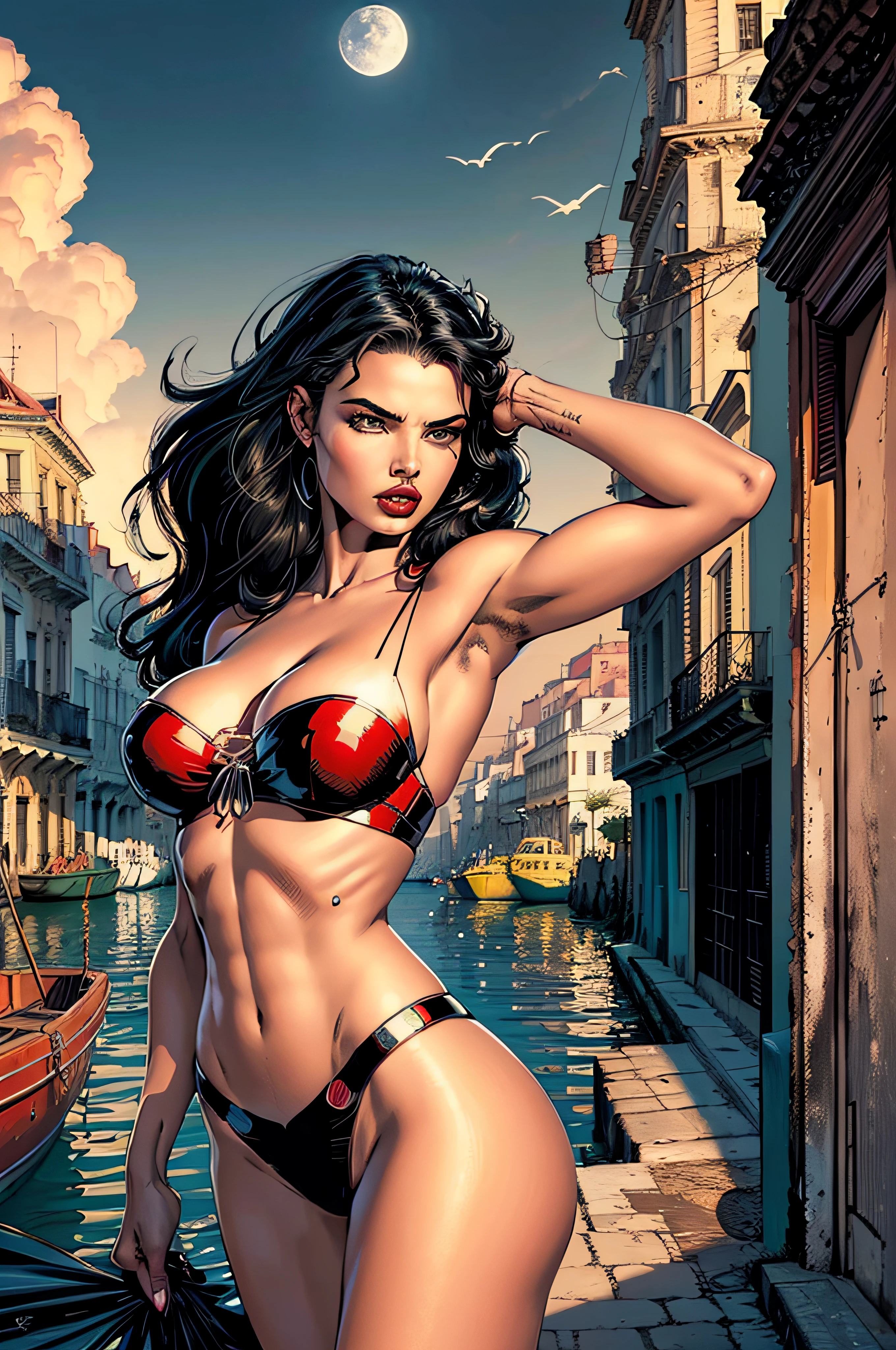 (Adriana Lima :1.1) red lips, green eyes in beautiful Havana Cuba ocean, boats Stores, Galleries, street, night moon is full , eye view (best quality,ultra - detailed, Illustration,Best shadow,masterpiece,A high resolution,professional artwork,famous artwork, In the style of Christian Riese Lassen Hawaii Artist