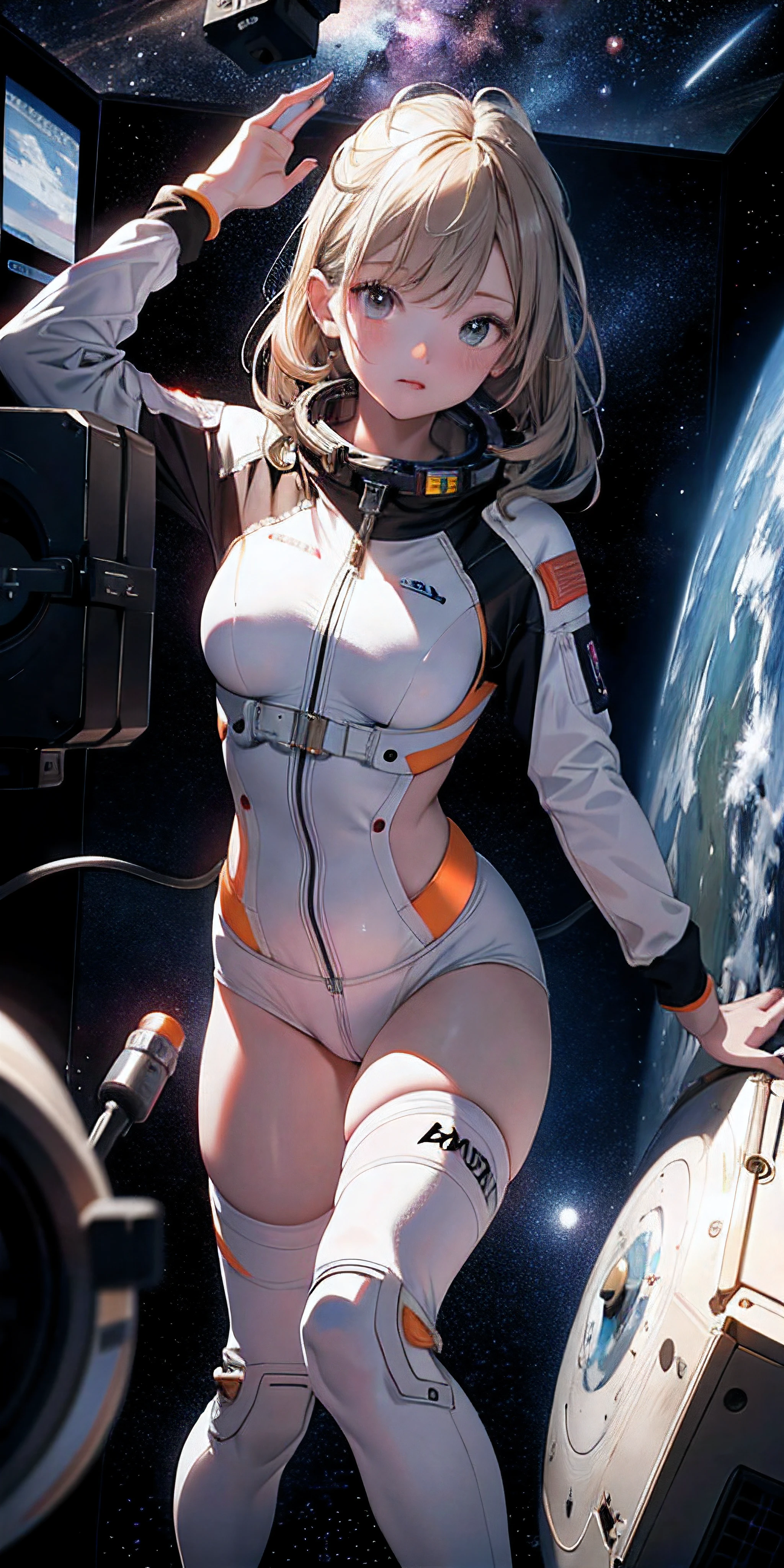 Absurd resolution, high resolution, (masterpiece:1.4), ultra-detailed, 1girl, in spacesuit, seen from above, space, floating, satellite, running pose, wide-angle lens distortion.