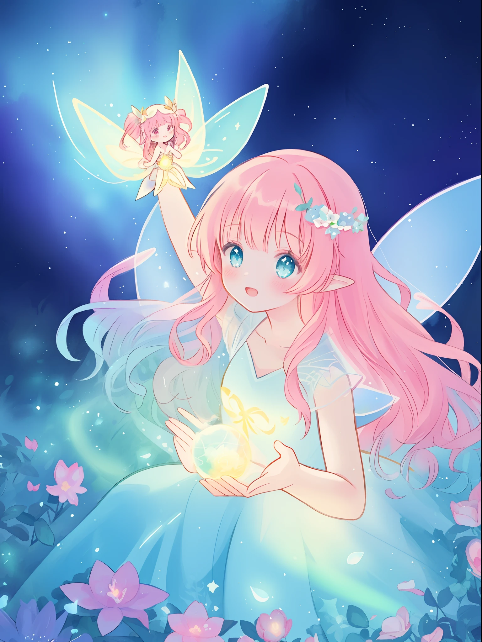 beautiful girl in flowing layered dress, 3girls, group of fairies, fairy queen, beautiful fairies, multiple fairies, (glowing fairy wings), glowing flowing ballgown, long wavy hair, sparkling fairy wings, watercolor illustration, flowers and colorful plants, inspired by Glen Keane, inspired by Lois van Baarle, disney art style, by Lois van Baarle, glowing aura around her, by Glen Keane, jen bartel, glowing lights! digital painting, flowing glowing hair, glowing flowing hair, beautiful digital illustration, fantasia otherworldly landscape plants flowers, beautiful, masterpiece, best quality, anime disney style