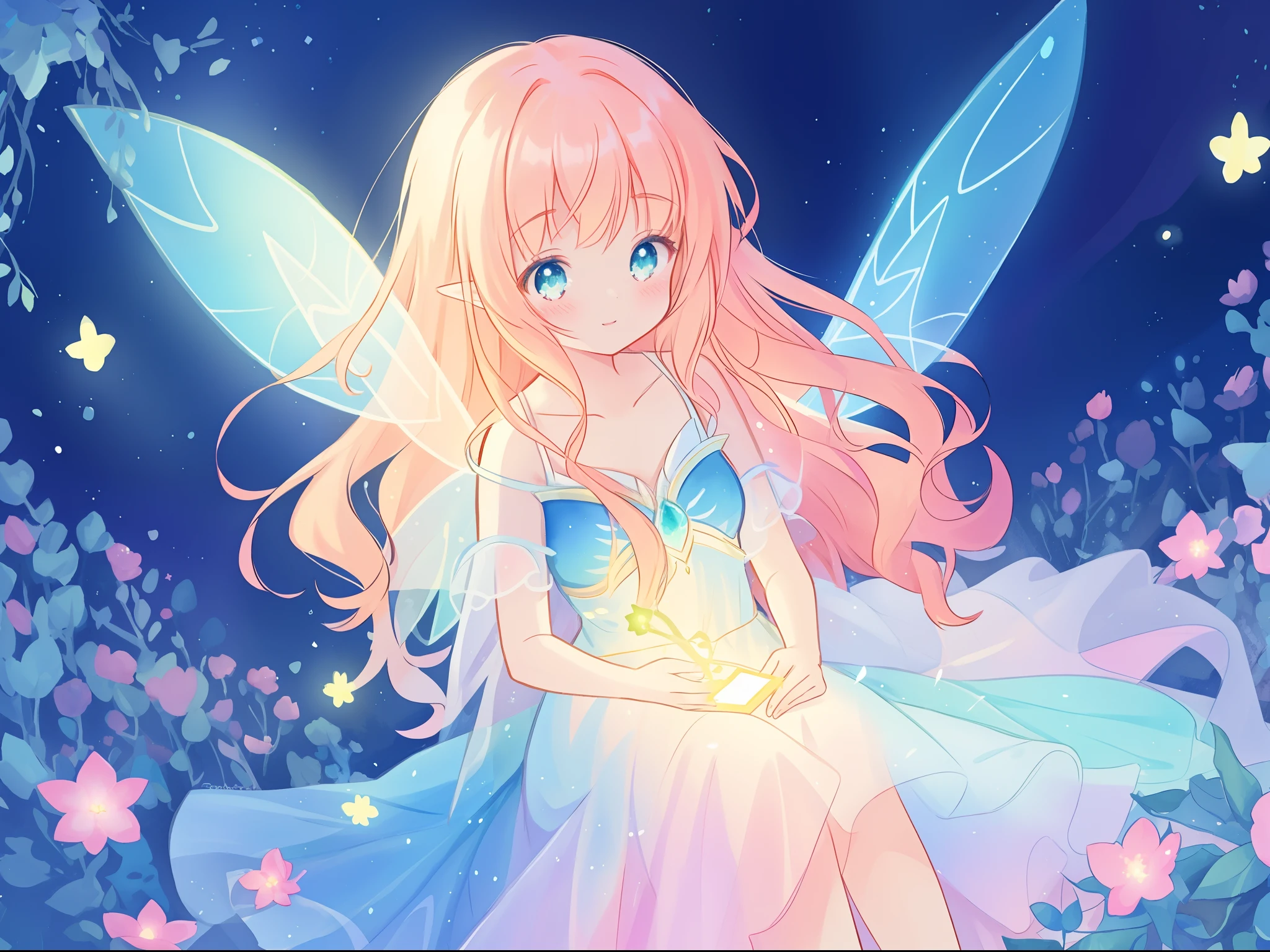 beautiful girl in flowing layered dress, 3girls, group of fairies, fairy queen, beautiful fairies, multiple fairies, (glowing fairy wings), glowing flowing ballgown, long wavy hair, sparkling fairy wings, watercolor illustration, flowers and colorful plants, inspired by Glen Keane, inspired by Lois van Baarle, disney art style, by Lois van Baarle, glowing aura around her, by Glen Keane, jen bartel, glowing lights! digital painting, flowing glowing hair, glowing flowing hair, beautiful digital illustration, fantasia otherworldly landscape plants flowers, beautiful, masterpiece, best quality, anime disney style