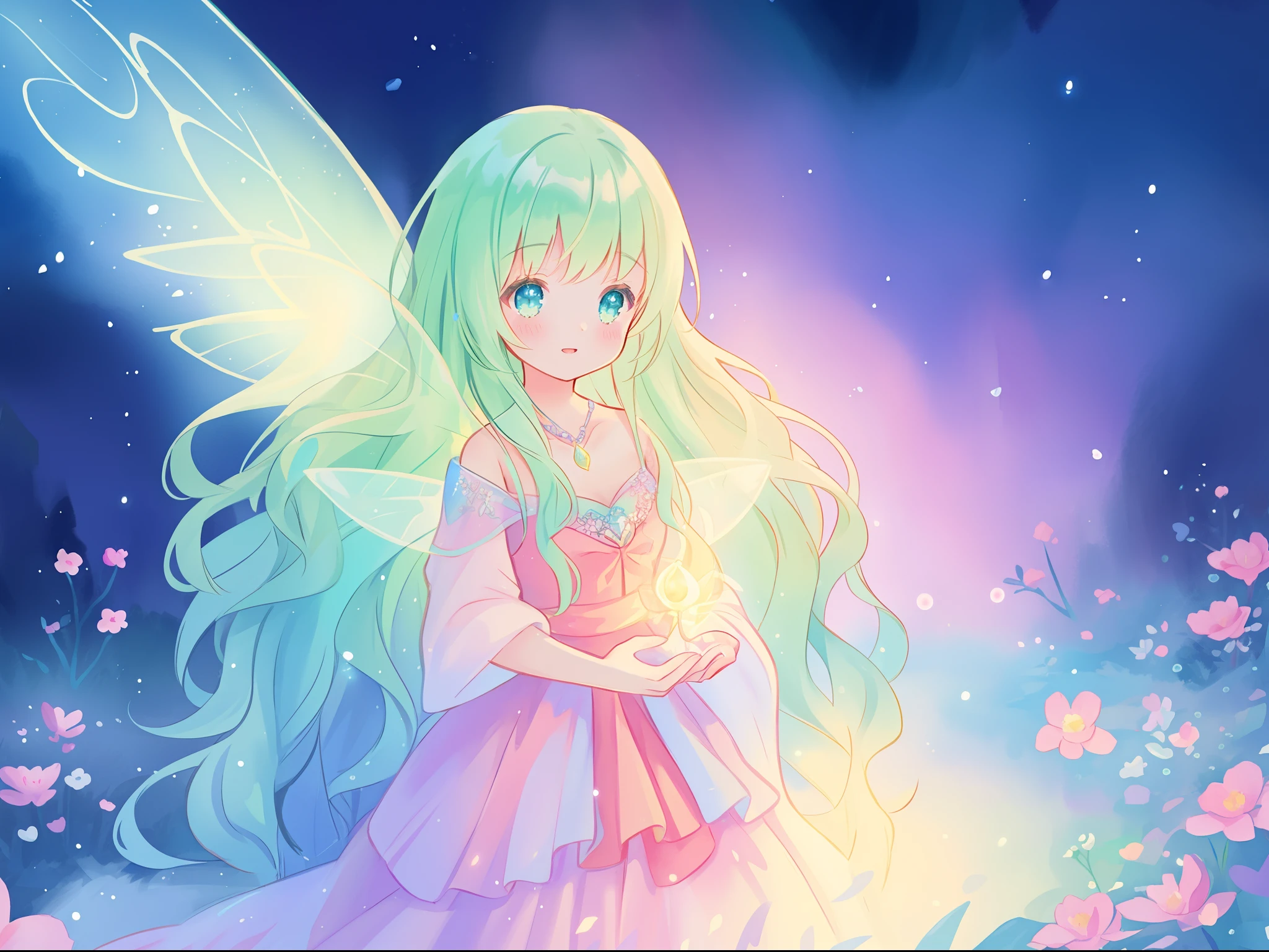 beautiful girl in flowing layered dress, 3girls, group of fairies, fairy queen, beautiful fairies, multiple fairies, (glowing fairy wings), glowing flowing ballgown, long wavy hair, sparkling fairy wings, watercolor illustration, flowers and colorful plants, inspired by Glen Keane, inspired by Lois van Baarle, disney art style, by Lois van Baarle, glowing aura around her, by Glen Keane, jen bartel, glowing lights! digital painting, flowing glowing hair, glowing flowing hair, beautiful digital illustration, fantasia otherworldly landscape plants flowers, beautiful, masterpiece, best quality, anime disney style
