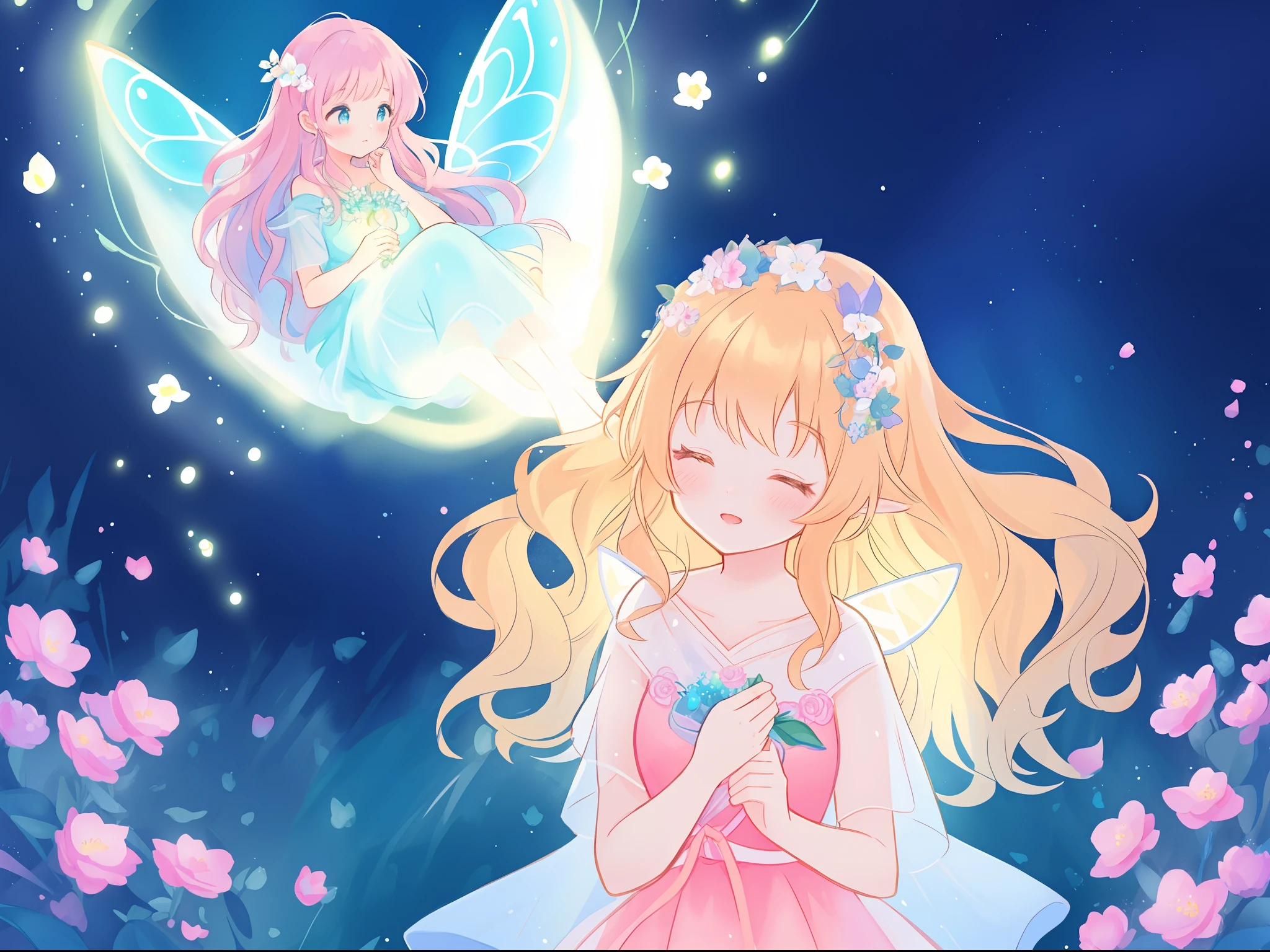 beautiful girl in flowing layered dress, 3girls, group of fairies, fairy queen, beautiful fairies, multiple fairies, (glowing fairy wings), glowing flowing ballgown, long wavy hair, sparkling fairy wings, watercolor illustration, flowers and colorful plants, inspired by Glen Keane, inspired by Lois van Baarle, disney art style, by Lois van Baarle, glowing aura around her, by Glen Keane, jen bartel, glowing lights! digital painting, flowing glowing hair, glowing flowing hair, beautiful digital illustration, fantasia otherworldly landscape plants flowers, beautiful, masterpiece, best quality, anime disney style