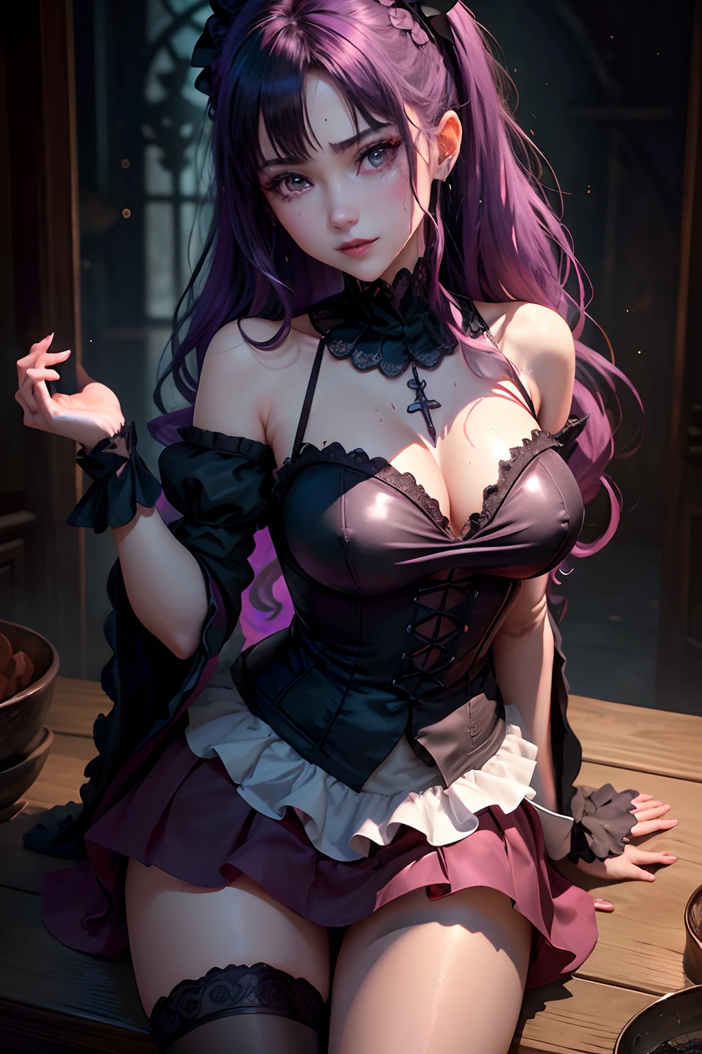 Fornication、Hard Dark Gothic Makeup、Maniacal、Deep night sky、horor、Black Dark Eyeshadow、slaves、crying how bright、mourn、Sad songs、Good skin luster、Lace pink、Long hair straight hair、Dark Gothic Makeup、Dark smile、Restless Palace、Expressions of sexual arousal、Fragrant beauty、age19、carriage、Lying、seductiv、Strong sexual pleasure facial expressions、A look of shame、Dark Gothic、Gothic Long Dress、Gothic ta、masturbation、bell sleeves、Wizard Sleeve、Obscene look、Stained glass background、masutepiece、Best Quality、Ultra-detailed、Refers to 5 books、Sweat glitters on my chest、Glitter of sweat on your face、Expression of sexual pleasure in anguish、Drunken face、maid clothes、Nasty Woman、Mysterious、noble、Face holding back the toilet、Goth lolithes、Black pretend skirt、the body is wet and shiny、Transcendent sex appeal、sexy  pose、Nasty poses、Face of fiery body、sloppily open your legs、Sweating profusely、Glitter on the thighs、I'm sweating a lot、a little slender、Breast Size Medium、cross one's legs、Affectionate smile、twin-tail hair、Bright purple hair、Slender system、A little glamour、