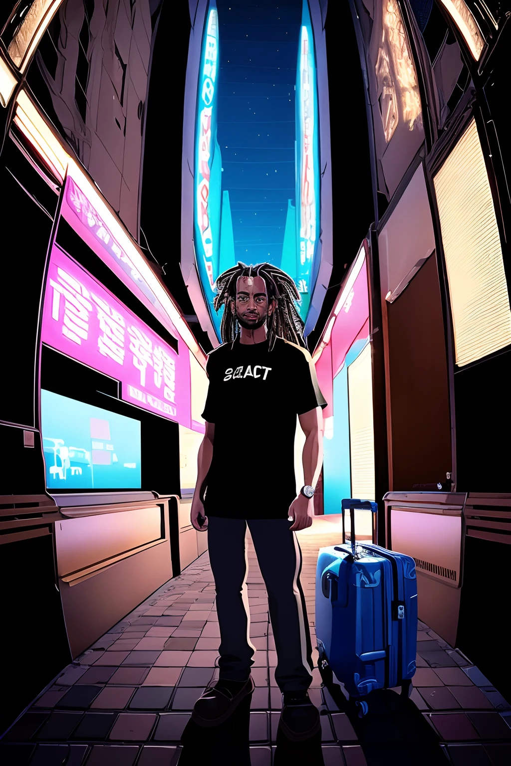 A muscular built man with ((Dark brown colored dreads)), with light brown tips and a (((black tshirt))). Detailed, ((8k)), crisp, wide angle view. He is standing still in an empty space. Briefcases besides him as if he is moving out. There is also a suitcase besides him. Lo-fi vibes, lo-fi scenic experience, Briefcase besides him, face lookalike https://image5.cdn2.seaart.ai/static/upload/20231020/9e0ca95f-37d3-4206-88c4-716ddbe570f9.png