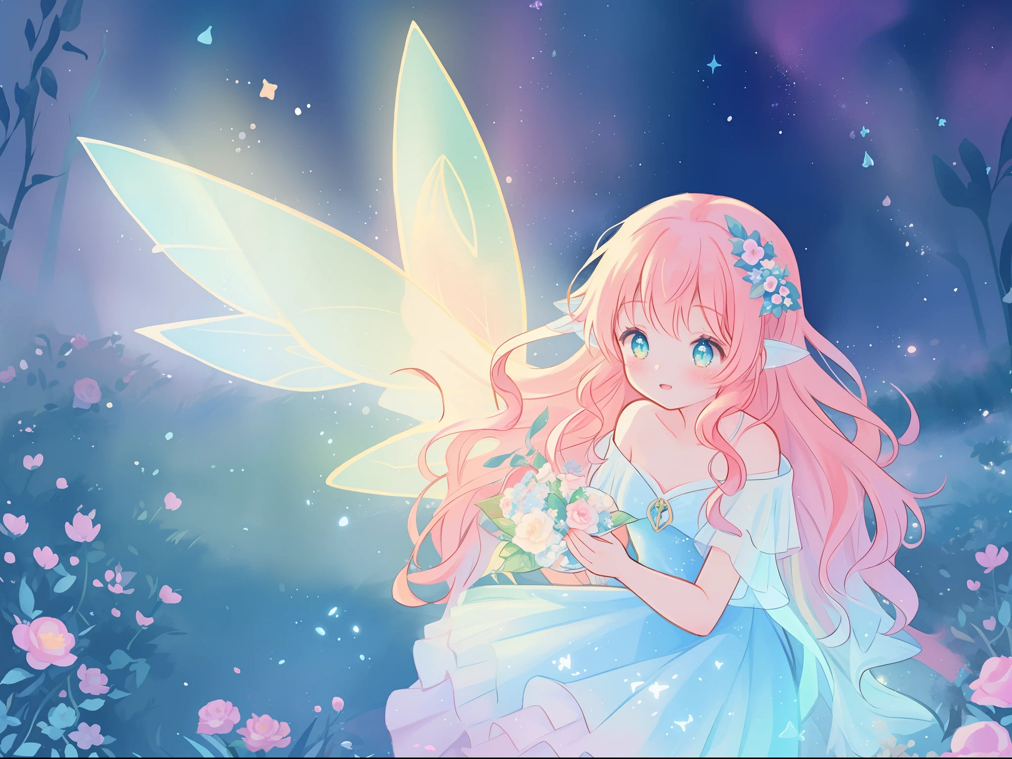 beautiful girl in flowing layered dress, 3girls, group of fairies, fairy queen, beautiful fairies, multiple fairies, (glowing fairy wings), glowing flowing ballgown, long wavy hair, sparkling fairy wings, watercolor illustration, flowers and colorful plants, inspired by Glen Keane, inspired by Lois van Baarle, disney art style, by Lois van Baarle, glowing aura around her, by Glen Keane, jen bartel, glowing lights! digital painting, flowing glowing hair, glowing flowing hair, beautiful digital illustration, fantasia otherworldly landscape plants flowers, beautiful, masterpiece, best quality, anime disney style