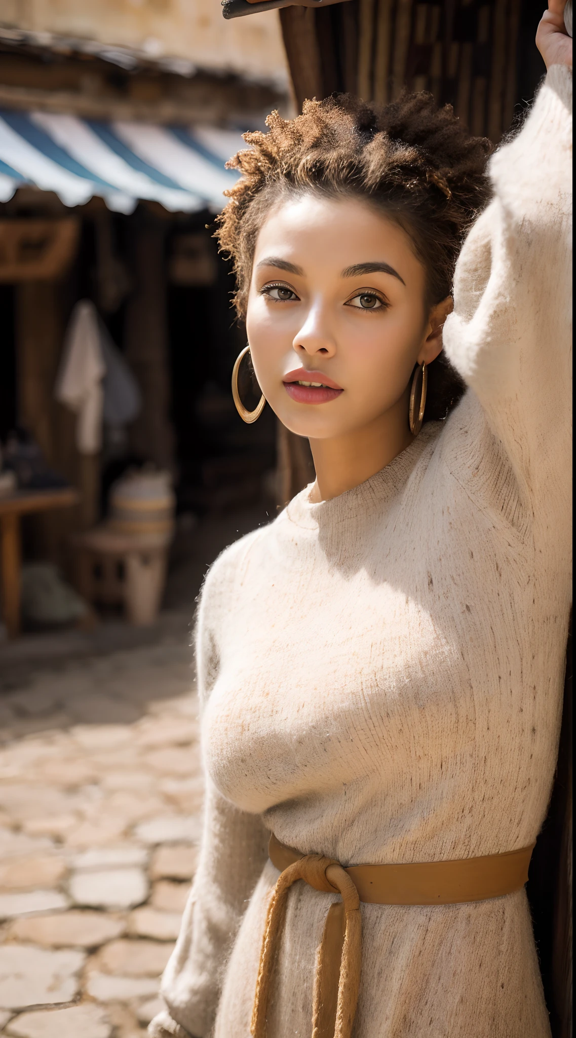 1girl, solo, Rustic homespun dress in earthy brown, made from coarse wool, with a loose smock-like fit, high waistline, and three-quarter length sleeves, Madame, Average Height, Lean, Triangular Face, Tan Skin, Honey Blonde Hair, ice blue Eyes, [[Curved Nose]], Full Lips, Round Chin, Long Hair, Thick Hair, Tapered Afro, natural breasts, , black sheer lipstick, Bending sideways with one arm reaching overhead, Enchanting medieval marketplace bustling with merchants and lively townsfolk, angry, proud, :] , breathtaking, intricate details, absurdres, highres, ultra detailed, highest quality, amazing details,