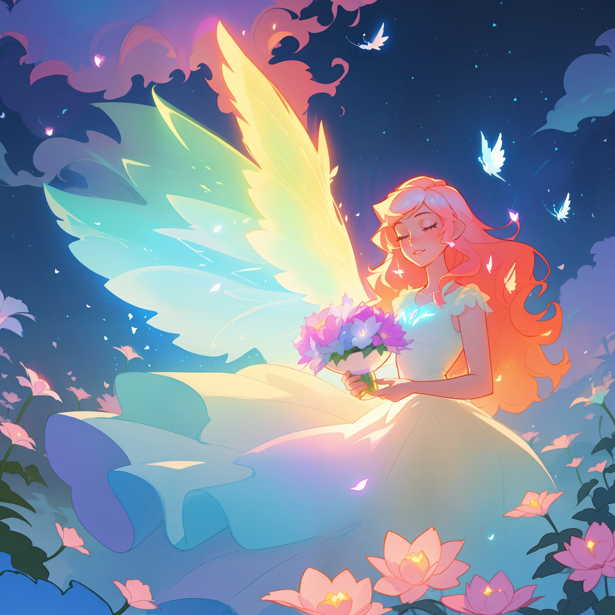 beautiful girl in flowing ballgown dress, (glowing fairy wings), glowing flowing ballgown, long wavy hair, sparkling fairy wings, watercolor illustration, flowers and colorful plants, inspired by Glen Keane, inspired by Lois van Baarle, disney art style, by Lois van Baarle, glowing aura around her, by Glen Keane, jen bartel, glowing lights! digital painting, flowing glowing hair, glowing flowing hair, beautiful digital illustration, fantasia otherworldly landscape plants flowers, beautiful, masterpiece, best quality, anime disney style