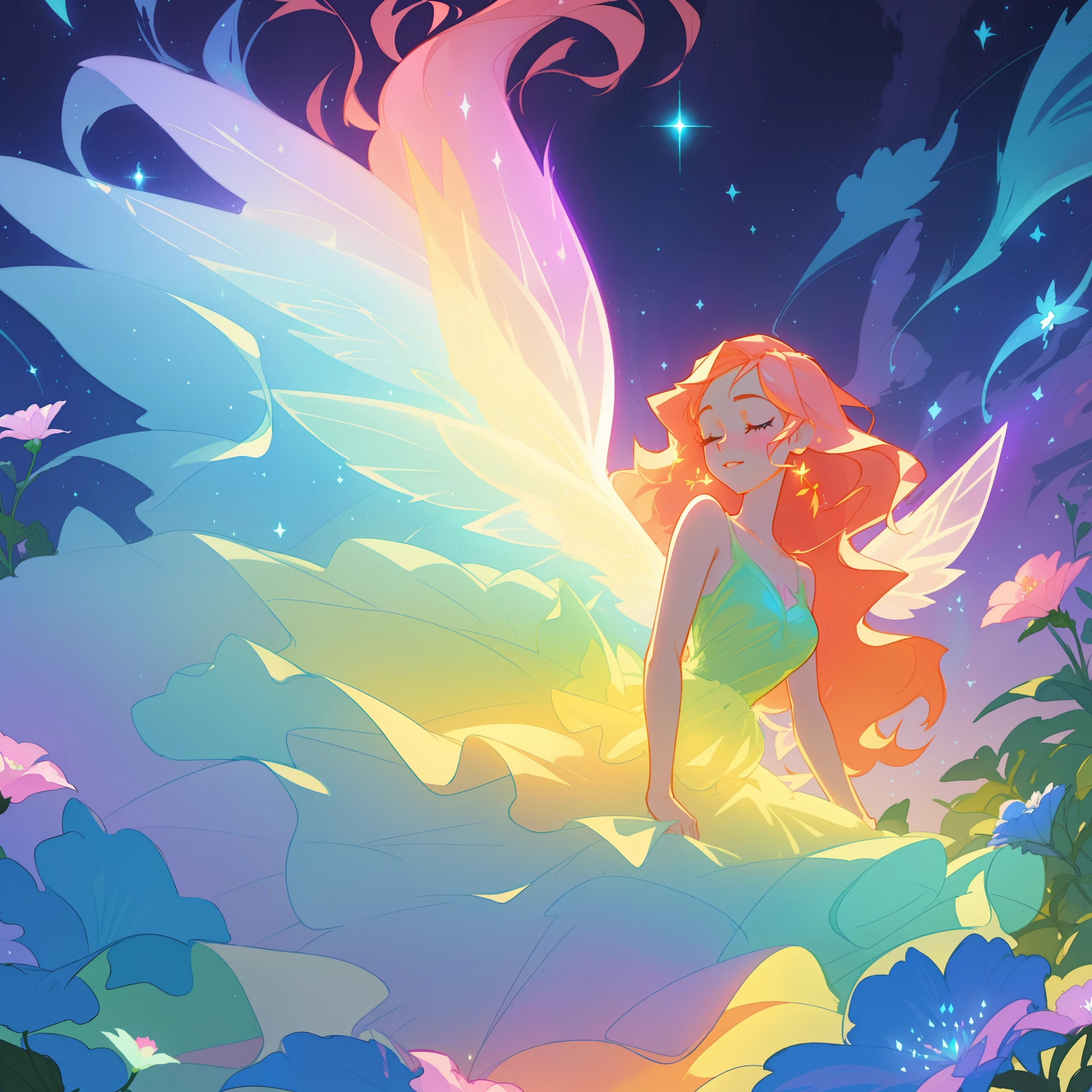 beautiful girl in flowing ballgown dress, (glowing fairy wings), glowing flowing ballgown, long wavy hair, sparkling fairy wings, watercolor illustration, flowers and colorful plants, inspired by Glen Keane, inspired by Lois van Baarle, disney art style, by Lois van Baarle, glowing aura around her, by Glen Keane, jen bartel, glowing lights! digital painting, flowing glowing hair, glowing flowing hair, beautiful digital illustration, fantasia otherworldly landscape plants flowers, beautiful, masterpiece, best quality, anime disney style