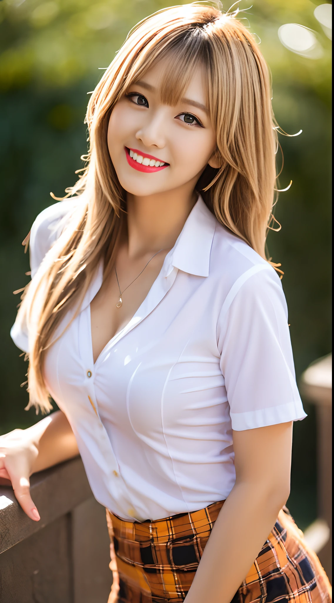 NSFW, 8k RAW photo, Best Quality, masutepiece, 超A high resolution, Film grain, filmg, 1girl in, ((light blond_hair)), Looking at Viewer, skin tanned:1.4, Dark skin:1.4, Natural Skin Texture, Light brown_eye, Eyes and faces with detailed, Red lips, lip stick, (makeup), Red eyeshadow, Blonde hair, Evil smile, tusk, Beautiful legs, skinny, slim_Legs, Solo, huge-breasted, cleavage, pose with buttocks facing you, Ultra short skirt, Ass, Shirt, beautiful nature location, (Detailed background), plaid skirts, White shirt, huge-breasted, cleavage, Show a little cleavage through the shirt, lowfers, Blurry background, Blurry, Holding, Plaid, Short sleeves, JK ribbon on neck, JK Ribbon, Brown hair, Bracelet, Water, Bangs, School