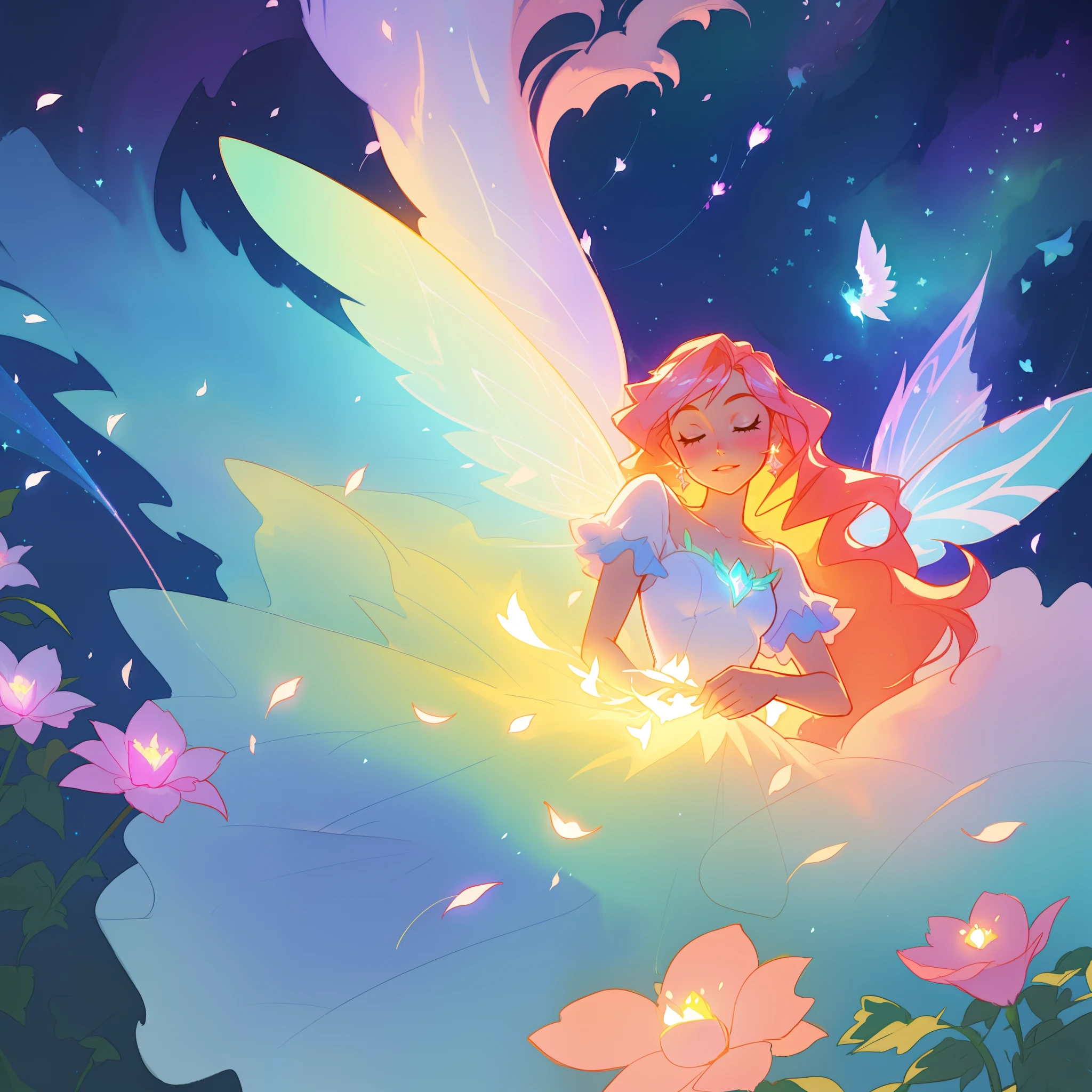 beautiful girl in flowing ballgown dress, (glowing fairy wings), glowing flowing ballgown, long wavy hair, sparkling fairy wings, watercolor illustration, flowers and colorful plants, inspired by Glen Keane, inspired by Lois van Baarle, disney art style, by Lois van Baarle, glowing aura around her, by Glen Keane, jen bartel, glowing lights! digital painting, flowing glowing hair, glowing flowing hair, beautiful digital illustration, fantasia otherworldly landscape plants flowers, beautiful, masterpiece, best quality, anime disney style