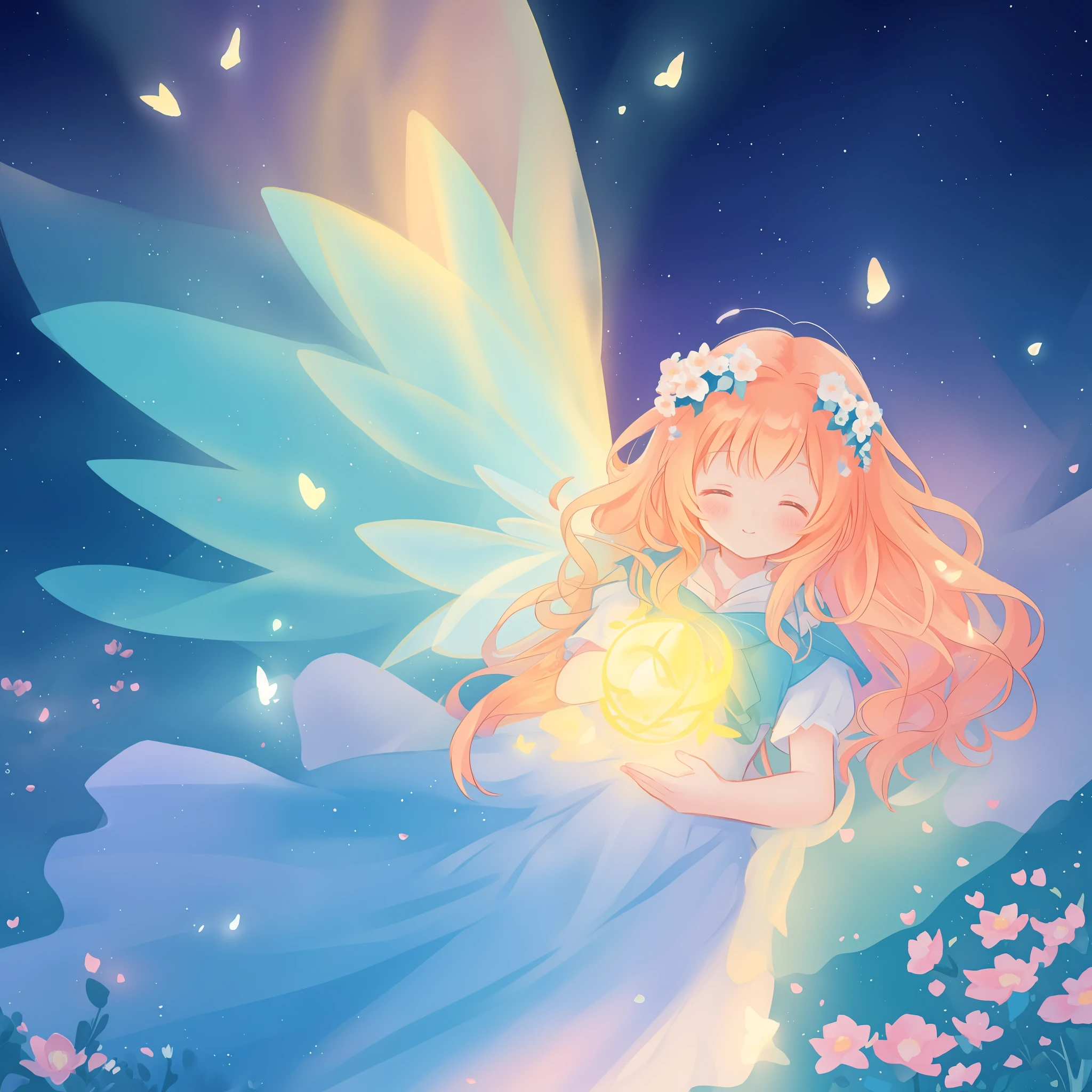 beautiful girl in flowing ballgown dress, (glowing fairy wings), glowing flowing ballgown, long wavy hair, sparkling fairy wings, watercolor illustration, flowers and colorful plants, inspired by Glen Keane, inspired by Lois van Baarle, disney art style, by Lois van Baarle, glowing aura around her, by Glen Keane, jen bartel, glowing lights! digital painting, flowing glowing hair, glowing flowing hair, beautiful digital illustration, fantasia otherworldly landscape plants flowers, beautiful, masterpiece, best quality, anime disney style