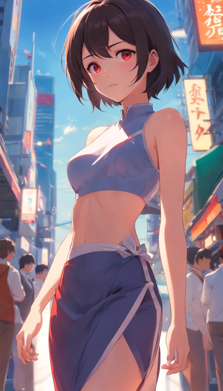 Caricatura detallada, Young white girl with black straight hair and crimson eyes, piel blanca de porcelana, Cuerpo completo, pechos grandes con vestido blanco de gala, alta calidad, High resolution, 8k, Disco duro, (Well-designed body), Amazing body, (Super detailed), Hermosos ojos, ultra detallado, ultraealista, (underboob), beautiful abs