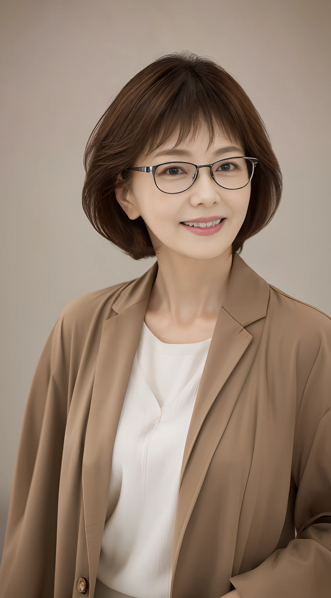 japanes, femele, 57 years old, Mature, Shorthair, brown haired, Black eyes, Wrinkles in the eyes, with nasolabial fold, Smiling, small tits, wearing lab coat, wears glasses, Best Quality, masuter piece