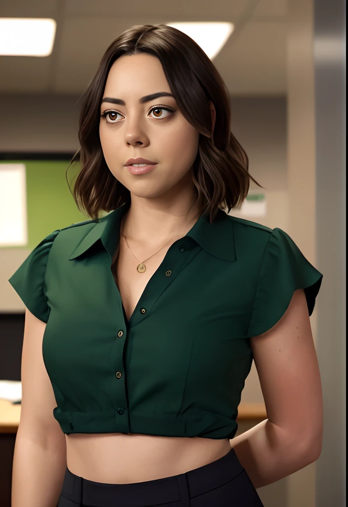 masterpiece, lifelike full body image from behind of AubreyPlaza, wearing a green blouse with the top button missing and a short pencil skirt, photo realistic, highly detailed, detailed face, forced smile, fake smile, looking scared like she’s being threatened, dramatic lighting, detailed eyes, in an office