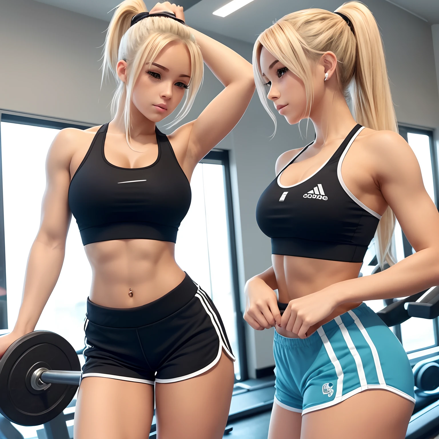 1girl, beautiful, gym_clothes, fashionable, split_shorts, small_breasts, blonde_hair, ponytail, sports_bra, anime