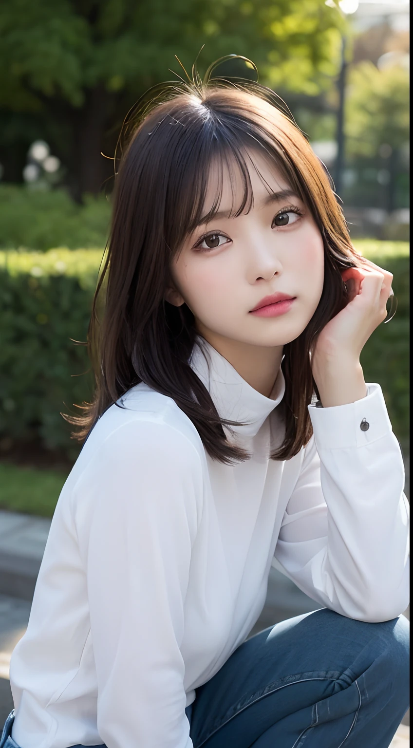 finely detail, hight resolution, hightquality、Perfect dynamic composition, Beautiful detailed eyes, Medium Hair, small tits、Natural Color Lip,Kamimei、Shibuya、20 years girl、1 persons、Transparent skin、Glowing hair、masutepiece, Best Quality, Ultra-detailed, finely detail, hight resolution, 8K、The correct state of the human body、crouching down、Gravure Model Pose,Beautiful sunset,Park garden,beautiful ilumination,Photographed with hair fluttering in the wind,((White shirt with wet long sleeve collar:1.5,denim pant:1.5,))