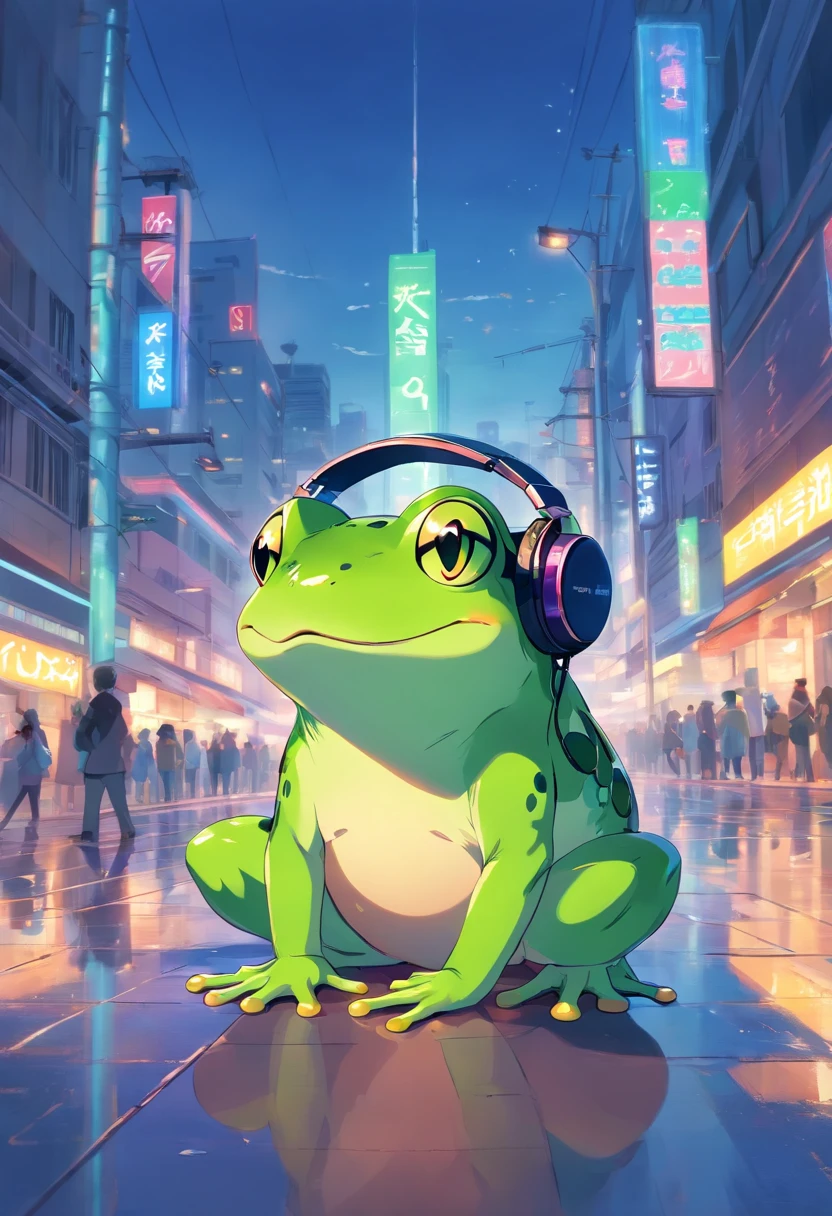 A masterpiece green frog with headphones, fatness