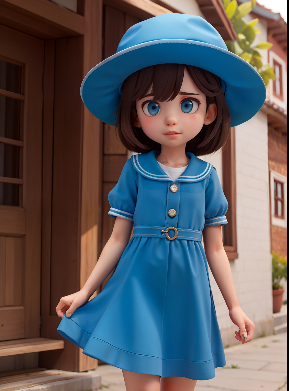 1 girl de 12 anos, Blue dress and blue explorer hat, olhou ao redor da aldeia um pouco triste